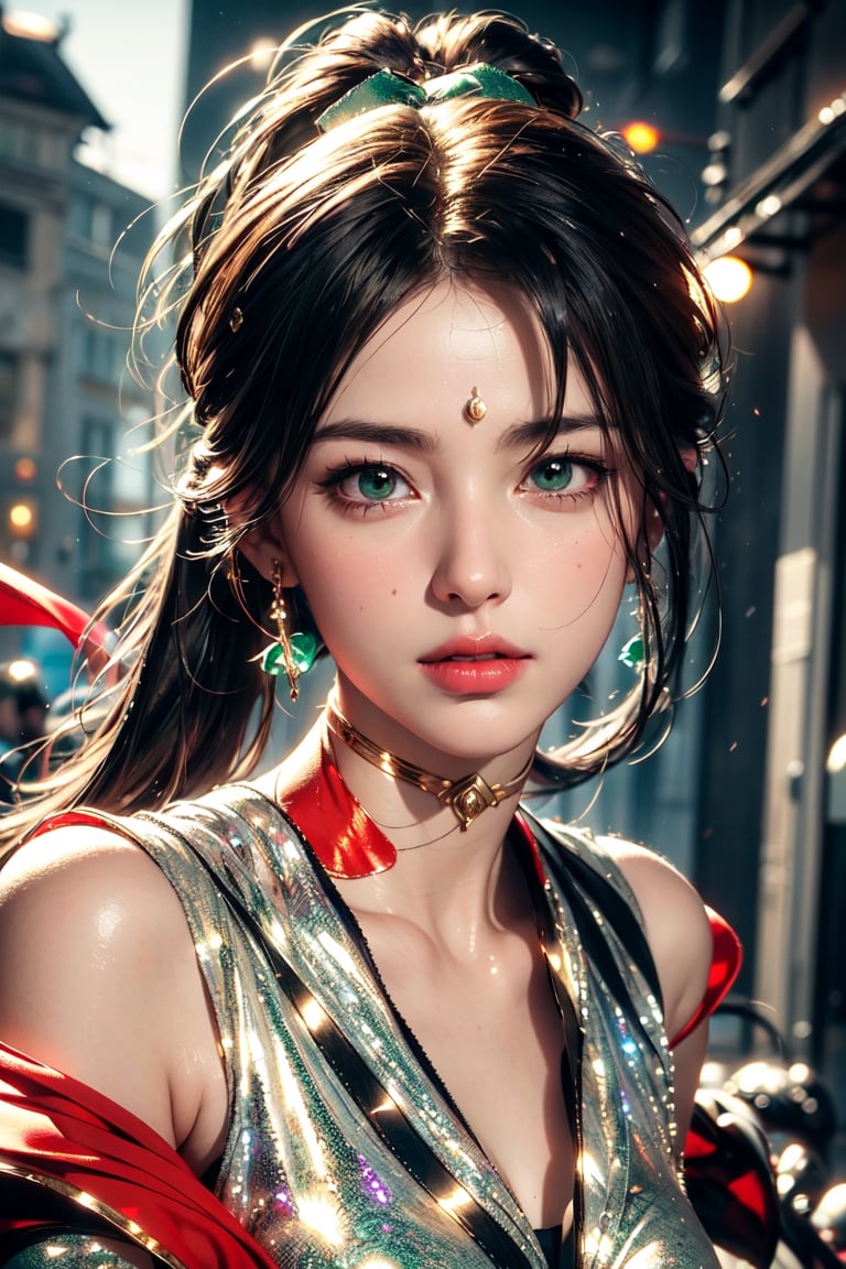 (Sailor Moon , Kyuubi ), chiffon costume,hair beads ,hair ribbon, long_ponytail , street , sunlight ,green and red entanglement, crystal and silver entanglement .masterpiece, beautiful and aesthetic, 8K, HDR, high contrast,raw photo, best quality, realistic, photo-Realistic, best quality, masterpiece, high contrast, vibrant color, muted colors, cinematic lighting, ambient lighting, sidelighting, Exquisite details and textures,ultra realistic illustration,dragon head