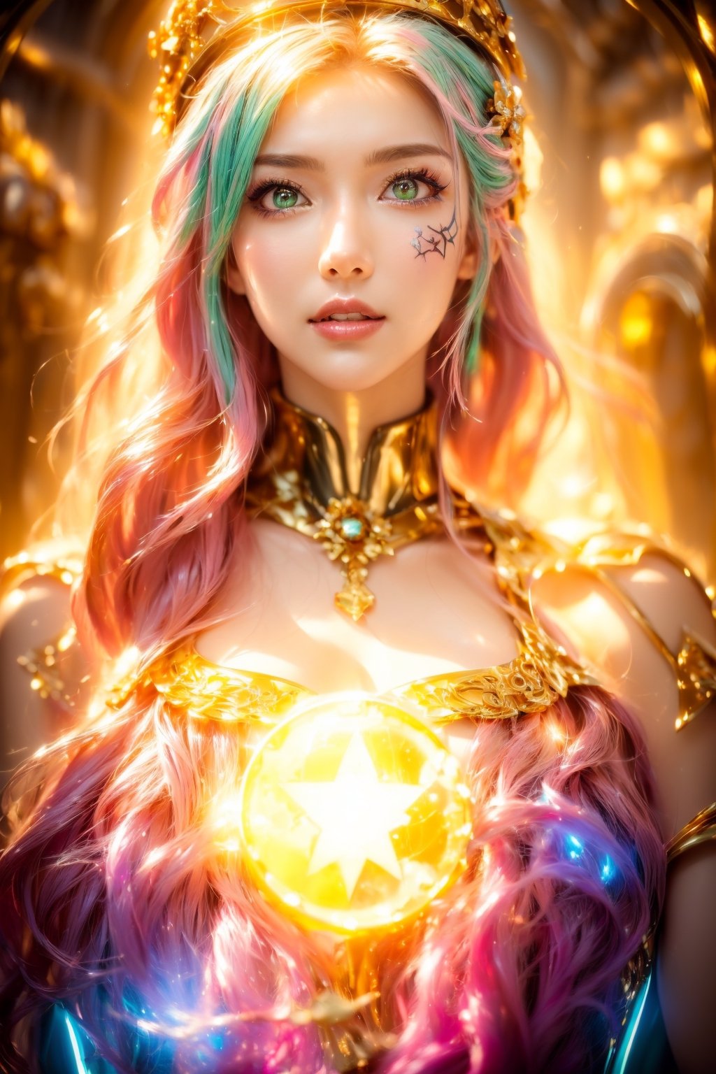 (((sunlight))), Makeup, More Detail, GdClth, (((magic circle))), (((shine))), (((pink hair))), (((goddess))), (((golden eyes))), (((flower))), (((facial pattern))), (((ice))), (((Random hairstyle))), (((happiness))), (((golden beam))), (((golden runes))), (((facial tattoo))), (((cloud))), (((green bodysuit))), 