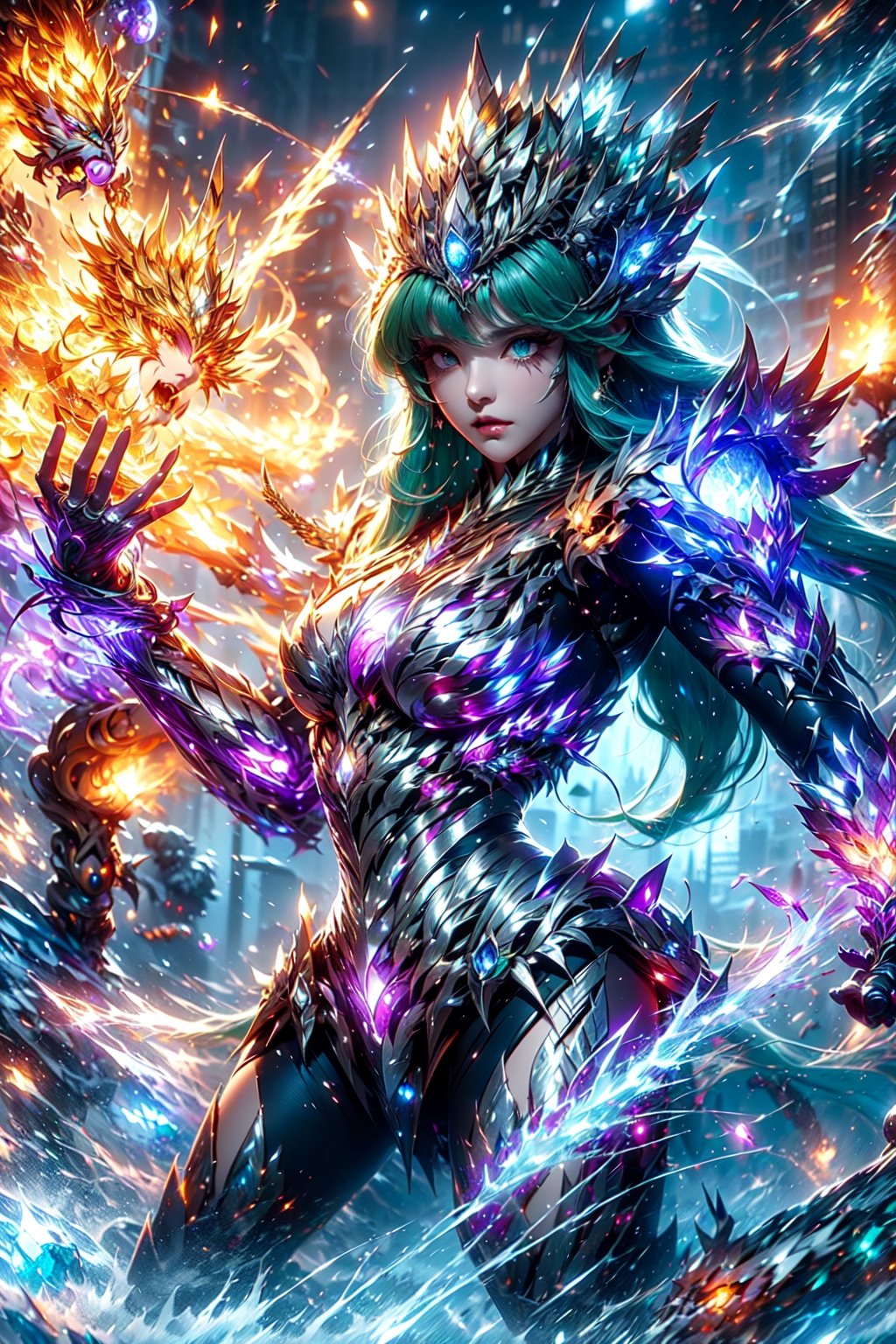 (bride|,goddess,|Saint Seiya),(Time travel cityscape),(green and purple entanglement),(silver and crystal entanglement),High Detail,masterpiece,best quality,more detail,Hyper Quality,detailed,more detail

