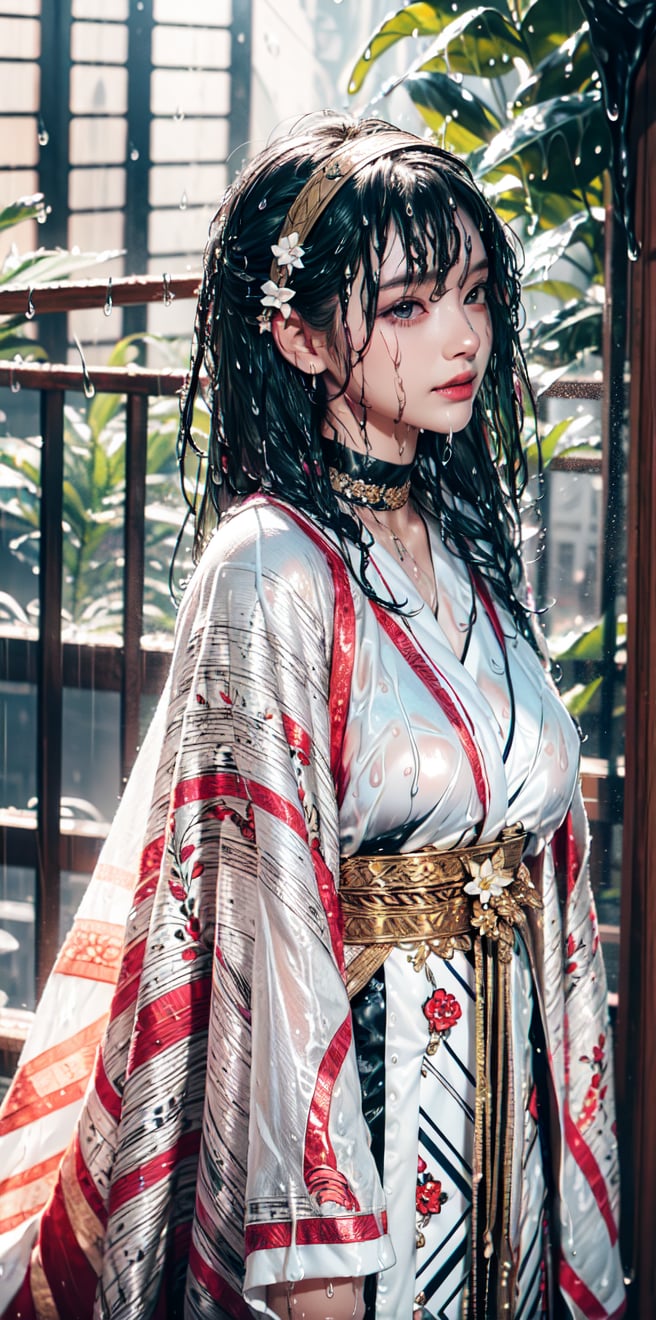 (goddess,miko), solo, long hair, smile, bangs, green eyes, black hair|white hair, multicolored hair, choker, blunt bangs, two-tone streaked hair, (complicated pattern wet robe:1.7), Japanese shawl|Yatagarasu mark,closed mouth,  ascot,red capelet, black and white entanglement,Fair and flawless face,above waist,(rain),(street),natural light,hair flower,lolita hairband
