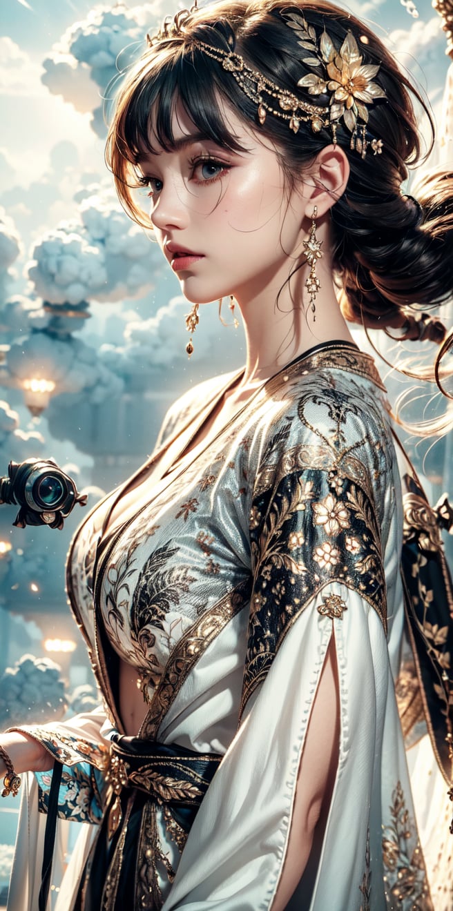 goddess, pattern cloak, patterned robe,(pattern tattoos),windy,white background,Dreamy clouds