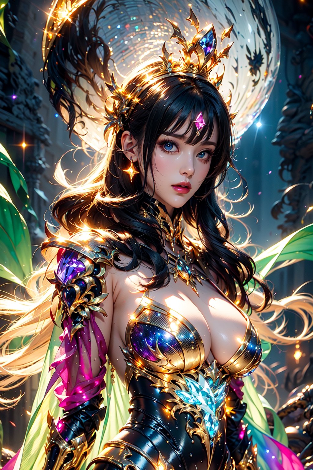 Gaia,Starlight crown, (glowing galaxy on crystal armor:1.3), crystal decoration, cosmic background,Gorgeous shawl, golden cloak , Whole body light pattern,aurora,busty,naked,rain,rainbow,flowers,blue moon ,(thin)