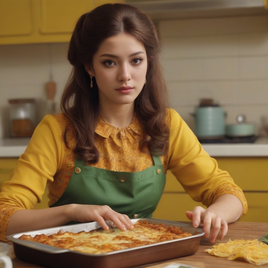 (detailed, ultra-highres, masterpiece:1.2), photorealistic, 8K HDR, 1970s Italian grandmother making lasagna, 1970s fashion, 1970s Italian home kitchen, 1970s aesthetic,candid shot,catholic,(mustard-yellow and brown and pea-green color palette),1970s jewellery, 1970s makeup,