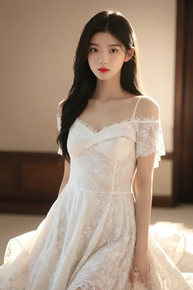 Top quality, ultra high resolution, 1girl, woman wearing detailed floral white dress, intricate and detailed lace set, white lace dress, lace dress, intricate fantasy dress, elegant white dress, white lace clothing, elegant dress, wearing elegant dress, Lace dress, intricate detail dress,((Full body)),((Sheer dress)), (((Nice-breasted dress))),((Small breasts)),(Natural small breasts: 1.2), Long black hair, Very realistic, beautiful, gorgeous, captivating eyes, exciting, soft and moist body, hair blowing in the wind, sexy eyes, beautiful eyes, blush, red lips, detailed face, realistic, 8k, face shot, (small breasts) , eye focus, sharp focus, masterpiece, top quality, finely detailed, extremely detailed, realistic details, sexy and beautiful eyes, lips, glowing skin, detailed face, perfect light,kimyojung