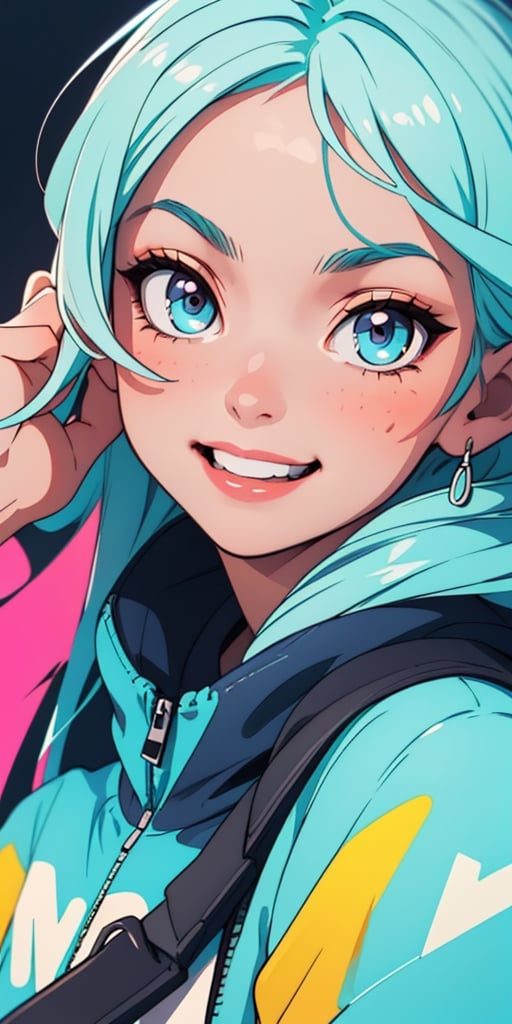 close up, over the shoulder, looking at viewer, hand in hair, cute, smile, detail_face, (best quality), ultra-detailed, super detailed skin, lovely, extremely detailed, 8K, detailed background, beautiful eyes, ((streetwear)), (HDR:1), NEON_POP ART STYLE