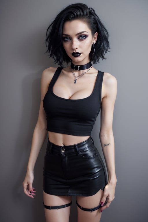 goth chick in heavy goth makeup dressed like a teenage goth girl. low cut tank top, black_shirt, black choker, black collar, goth collar, 90's collar, black mini skirt, gothic,AIDA_LoRA_ElonaV,z1l4,cleavage cutout,masao,edgHO