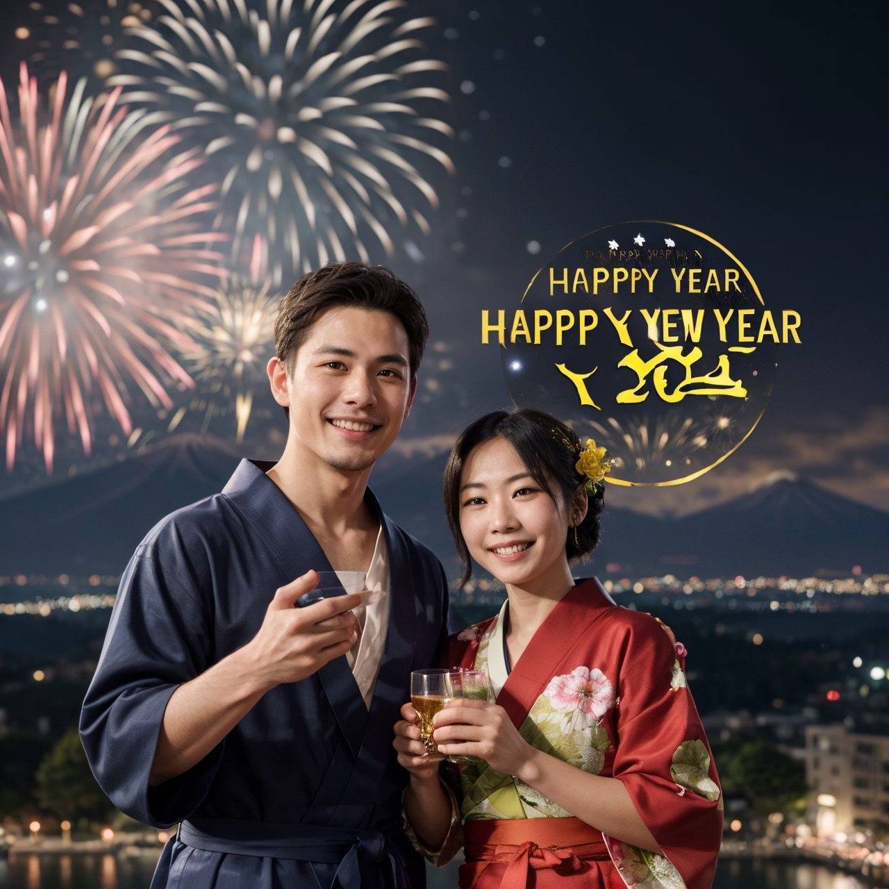 1boy, 1girl, japanese, yukata, mountain fuji, midnight, New Year's Ball Drop, firework, ultrarealistic, 5_fingered, BREAK (holding a legible and perfectly typed ("HAPPY NEW YEAR 2024":1.4) large sign)