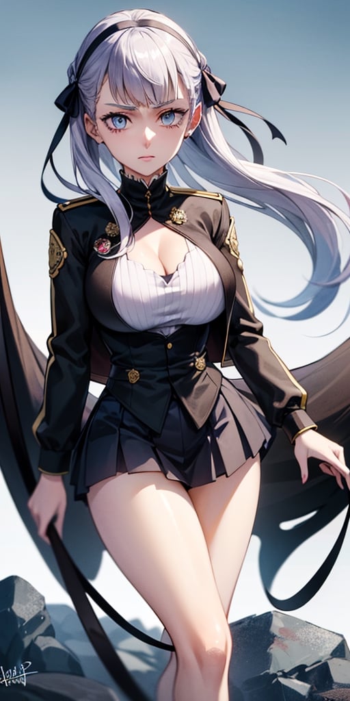 Noelle Silva is a young woman with a slender and athletic physique, long blue hair, and intense blue eyes. She typically wears the Black Bull squad uniform, cleavage cutout, featuring a black jacket and skirt with gold trim. Noelle's striking appearance hints at her noble lineage as a member of the Silva family and embodies her transformation from insecurity to a confident and powerful magic user in "Black Clover."