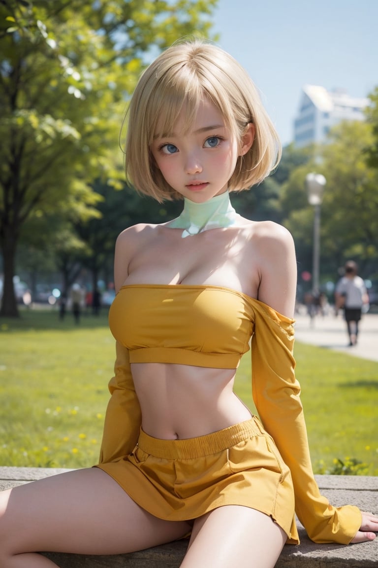 (((sitting in the park))), natural light, (chinese architecture), 
masterpiece, 8k, upper-body_portrait, 1 girl, cute, detailed face, beautiful detailed eyes, happy, strong eyebrows, (blush), (embarrassed),
髮：(extrmly short hair), bangs, ((blonde hair:1.2)), 
體： (((dainty body))), (((petite body:1.4))), (((saggy boobs))), (cleavage), 
服：(((bare neck))), (crop top), (mustard clothes), (miniskirt), sleeves past wrists, strapless_clothes, loose clothes