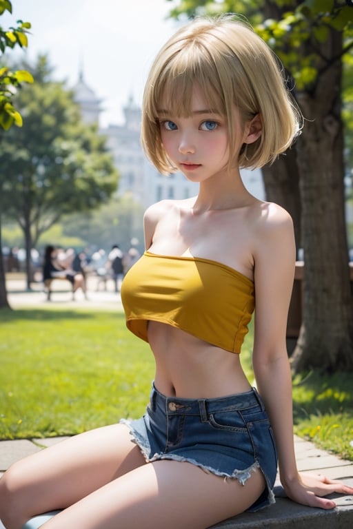 (((sitting in the park))), natural light, (chinese architecture), 
masterpiece, 8k, upper-body_portrait, 1 girl, cute, detailed face, beautiful detailed eyes, happy, strong eyebrows, (blush), (embarrassed),
髮：(extrmly short hair), bangs, ((blonde hair:1.2)), 
體： (((dainty body))), (((petite body:1.4))), (((saggy boobs))), (cleavage), 
服：(((bare neck))), (crop top), (mustard clothes), (miniskirt), sleeves past wrists, strapless_clothes, loose clothes