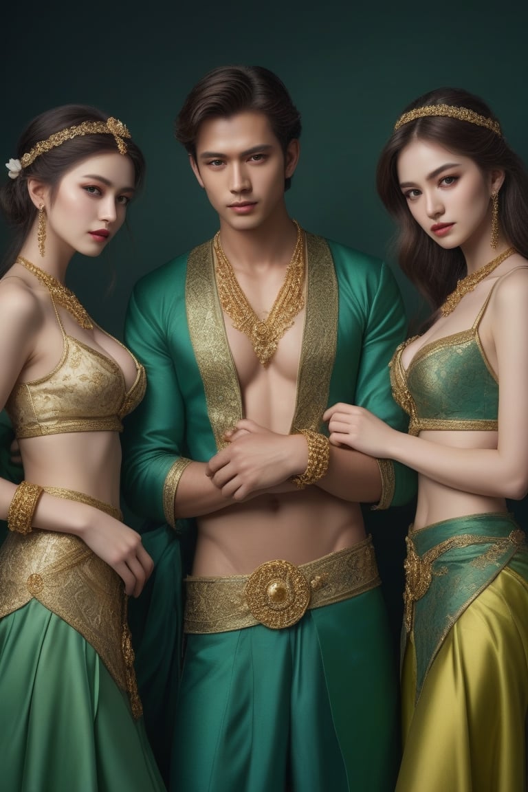 A Beautiful man with beautiful-eyed maidens wearing bracelets of gold and pearl and green garments of fine silk and brocade, cleavage cutout, belly button, side slits, analog photograph, professional fashion photoshoot, hyperrealistic, masterpiece, trending on artstation,krrrsty