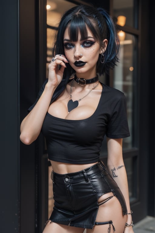 goth chick in heavy goth makeup dressed like a teenage goth girl. low cut tee, black_shirt, black choker, black collar, goth collar, 90's collar, black mini skirt, gothic,AIDA_LoRA_ElonaV,z1l4,cleavage cutout,masao,edgHO