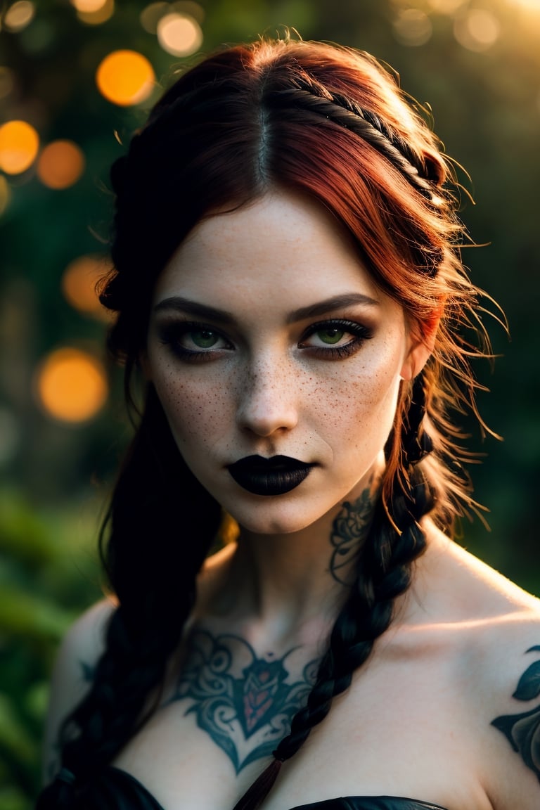 (lips tattoo on her neck),(cinematic,photorealistic),woman,goth, gothic,serene,graceful,wild,eye contact,freckles,visible skin pores,upper body,strapless leather corset,flogger,view from above,face up,looking up,biting lip,sharp,contrast,black and white,soft lighting,detail-rich,smiling,bokeh,subtle colors,expressive eyes,lush garden,vibrant flowers,captivating gaze,golden hour,gentle breeze,dreamy atmosphere,delicate features,flowing hair,milky skin,red hair,braided hair,goth clothes,goth makeup,ethereal,mesmerizing,sun-kissed skin,elegance,stillness,masterpiece:1.2,vivid hues,harmonious composition,aesthetic,haunting,sublime,dramatic shadows,alluring presence,emotive,artistic perspective,stunning,romantic ambiance,impeccable craftsmanship,art nouveau references,impressionistic brushstrokes,mysterious,ensnaring beauty