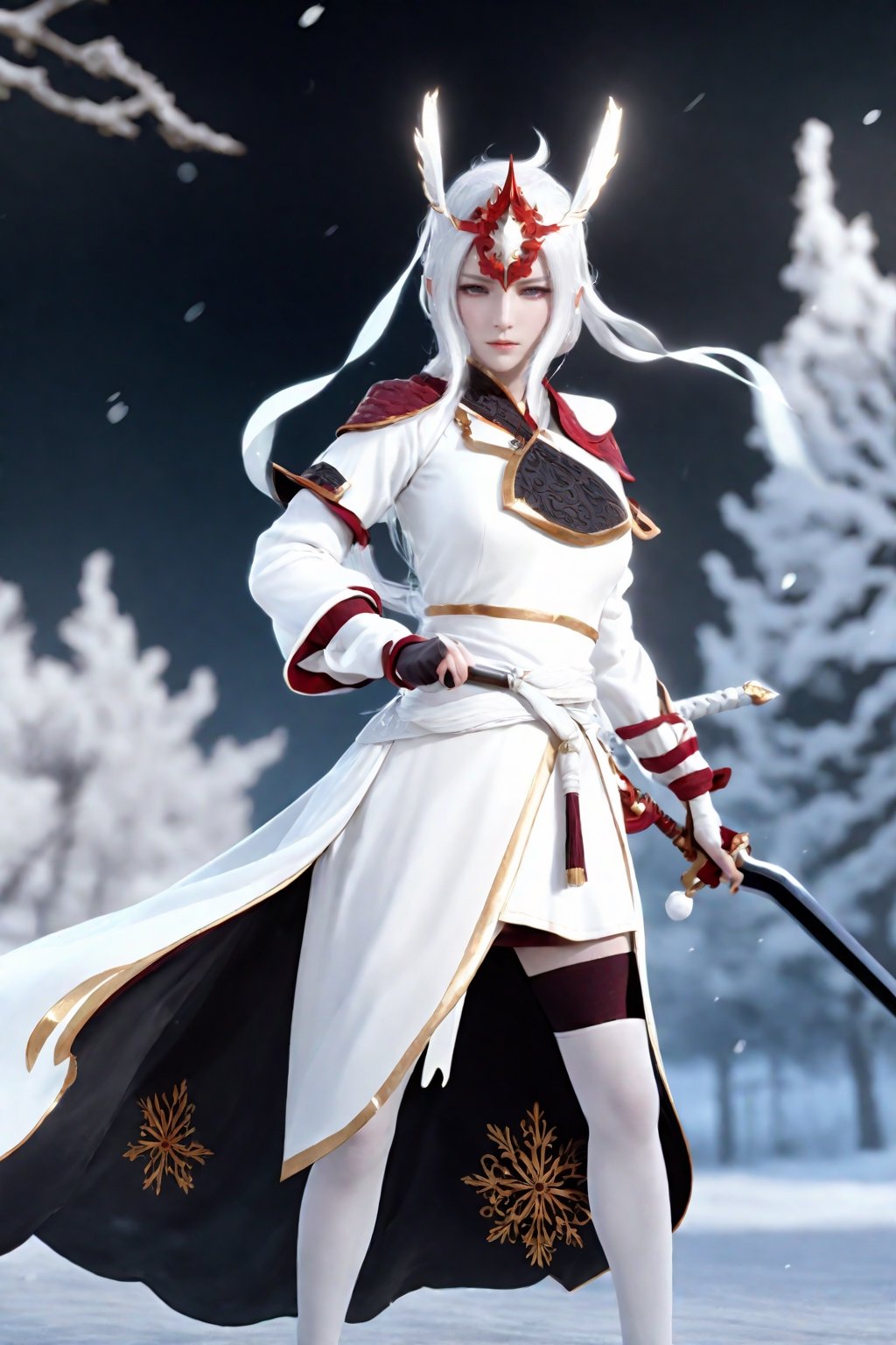 snowing,white hair,White long dress, white horse, wielding a long sword,8k UHD,cure beauty