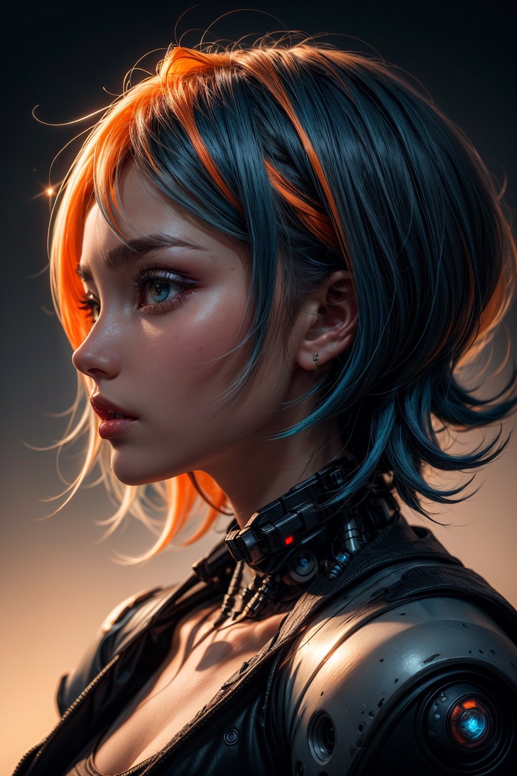 white hair, blue hair, orange hair, gradient hair, orange eyes, profile picture, cyberpunk background, robotic, hair flowing over, volumetric lighting, light particles, sparkling eyes, dystopian, colorful