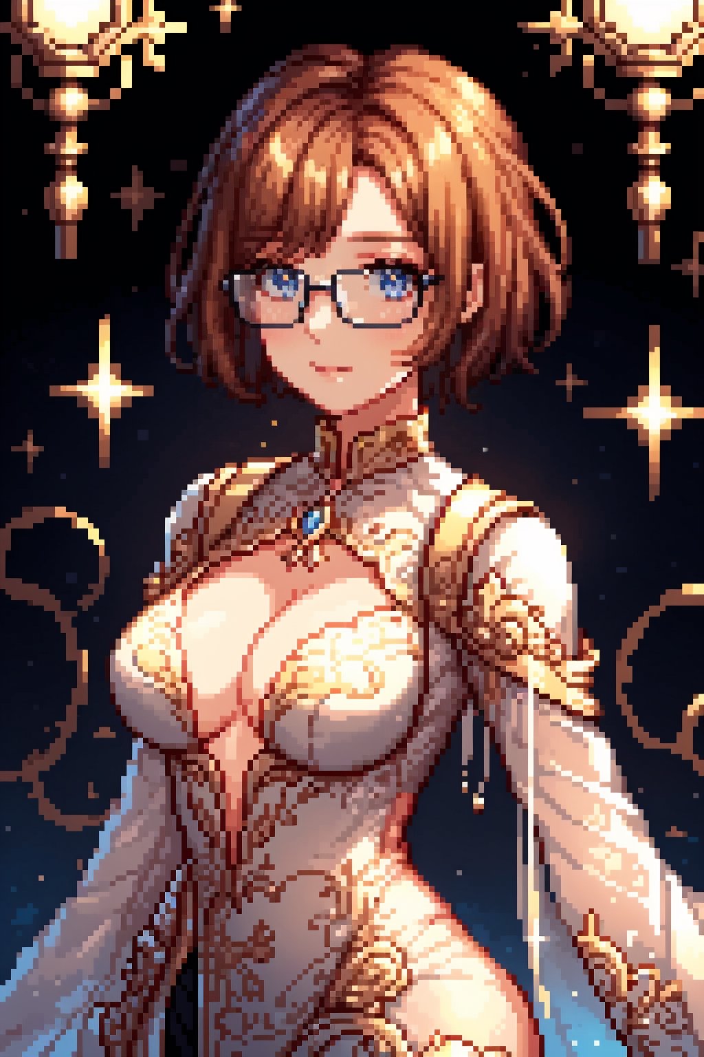 4k ,photo of a stunningly, amazing, looking at viewer, detailed eyes, wearing glasses, megane, short hair, medium tits, cleavage, an alluring woman wearing attire that appears as though it's woven from glistening threads of light. The fabric is nearly transparent, allowing her captivating figure to shine through. As she moves, the radiant material seems to emit a soft, otherworldly glow, adding to her allure and making her a truly enchanting sight to behold,yoona,1 girl,Pixel art