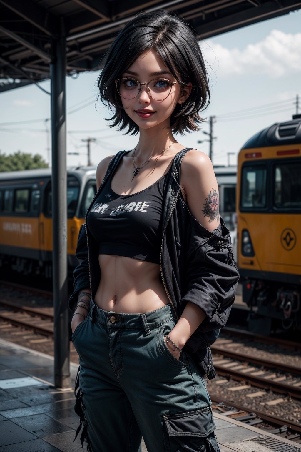 (masterpiece, best quality, detailed), 1girl, solo, glasses,  looking at viewer, short hair, glasses, blue eyes, , (edgGrunge, wearing edgGrunge fashion:1.1), cargo pants, off shoulder,  indoors, train station, people, scenery, hands in pockets, smirk, smile, parted lips