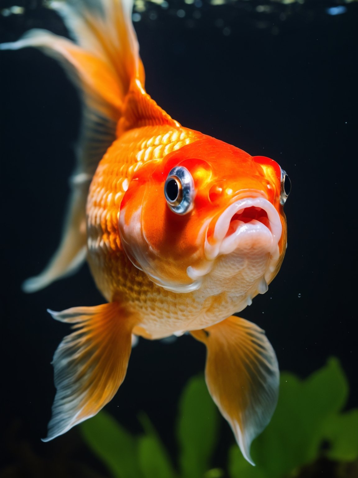 
The plump and round Thai goldfish swims gracefully in the water, its chubby demeanor adding a touch of charm as it glides through its aquatic domain.