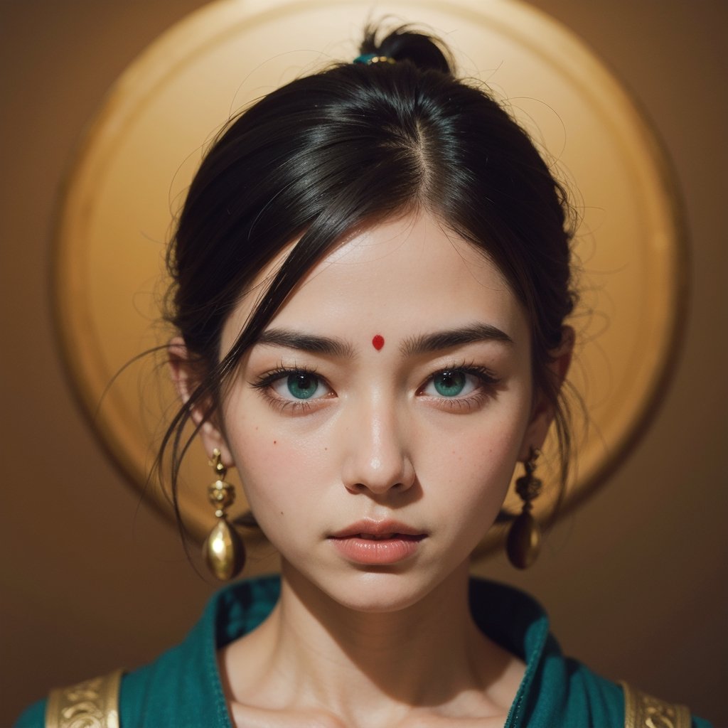 Protrait, photograph, androgynous hunnuman, oval jaw, delicate features, beautiful face, dreadlocked hair, long bangs, long ponytail, bright blue-green eyes, hindu art, Korean