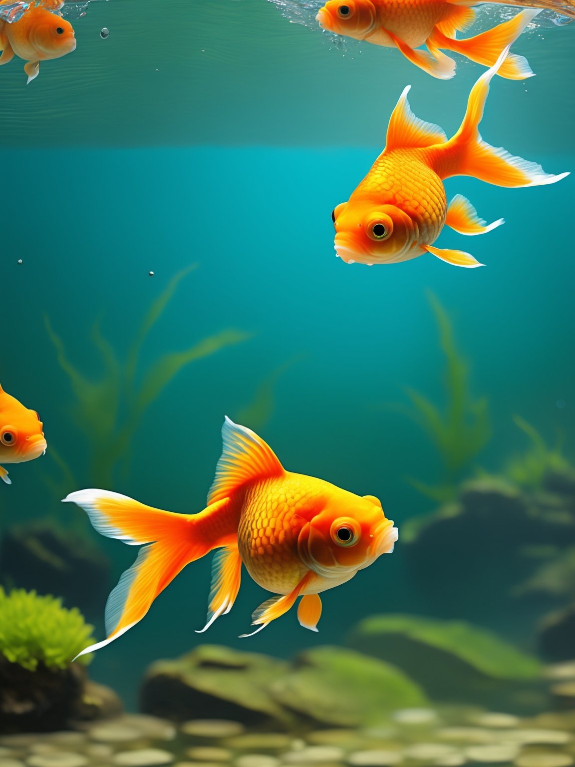 
The chubby and round goldfish swims gracefully in the water, its form resembling a delightful ball as it glides through the aquatic realm.