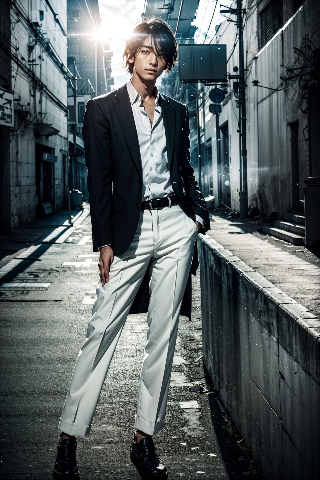 Cover magazine photosession, (((Full-body_portrait))) of a Handsome Indonesian male, (((sole_male))), toned, 30 years old, Indonesian, black_hair, (((short hair))), wearing (((black-colored))) (((men's blazer))), with plain t-shirt, pants, and shoes, empty tokyo street. Noon. Sunnyday. ((facing viewer, looking straight at viewer)), (extremely light detailed and symmetric eyes with circular iris), ((charismatic)), smile, detailed skin's textures and pores, perfect hands, perfect fingers, perfect nails, (((instagram))), high contrast, RAW, photorealistic, realistic, post-processing, max detail, roughness, real life, ultra realistic, photorealism, photography, professional color grading, 8k uhd, dramatic light, high contrast