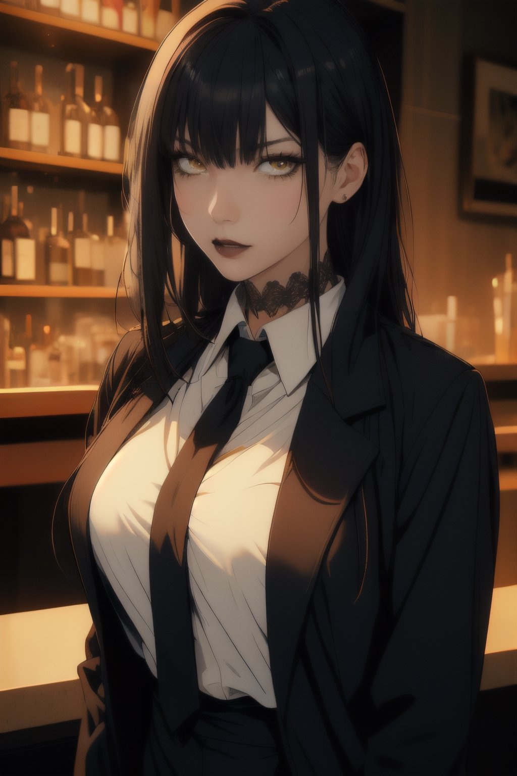 very_long_hair,black hair,black_eyeliner,black_eyeshadow,black_tattoos,black_lipstick,yellow_eyes,bar,blazer,black_tie,full_body,anime,lush_lips,