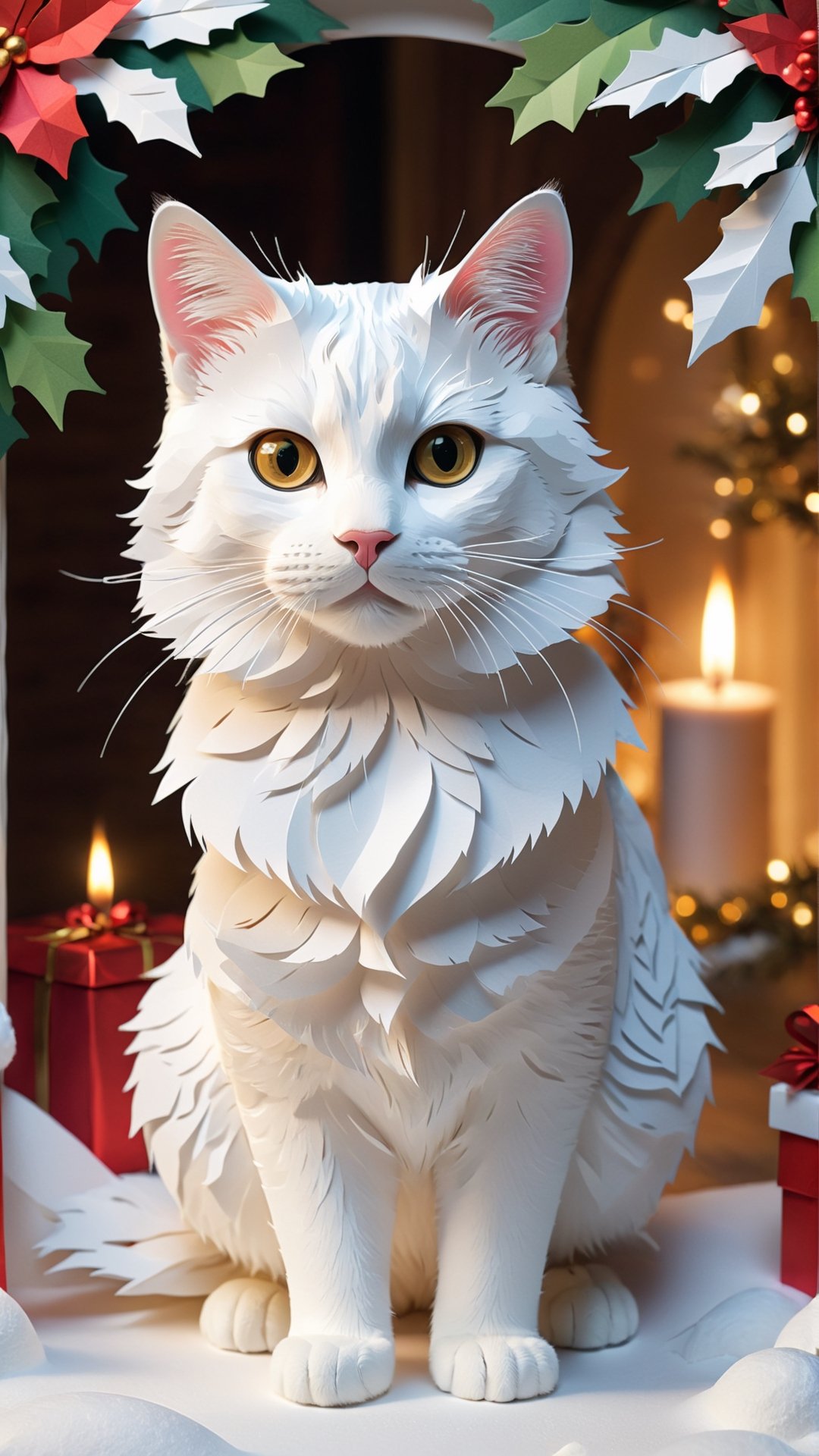 A while cat in the PaperCutout style , Very detailed, clean, high quality, sharp image , Christmas theme , 
