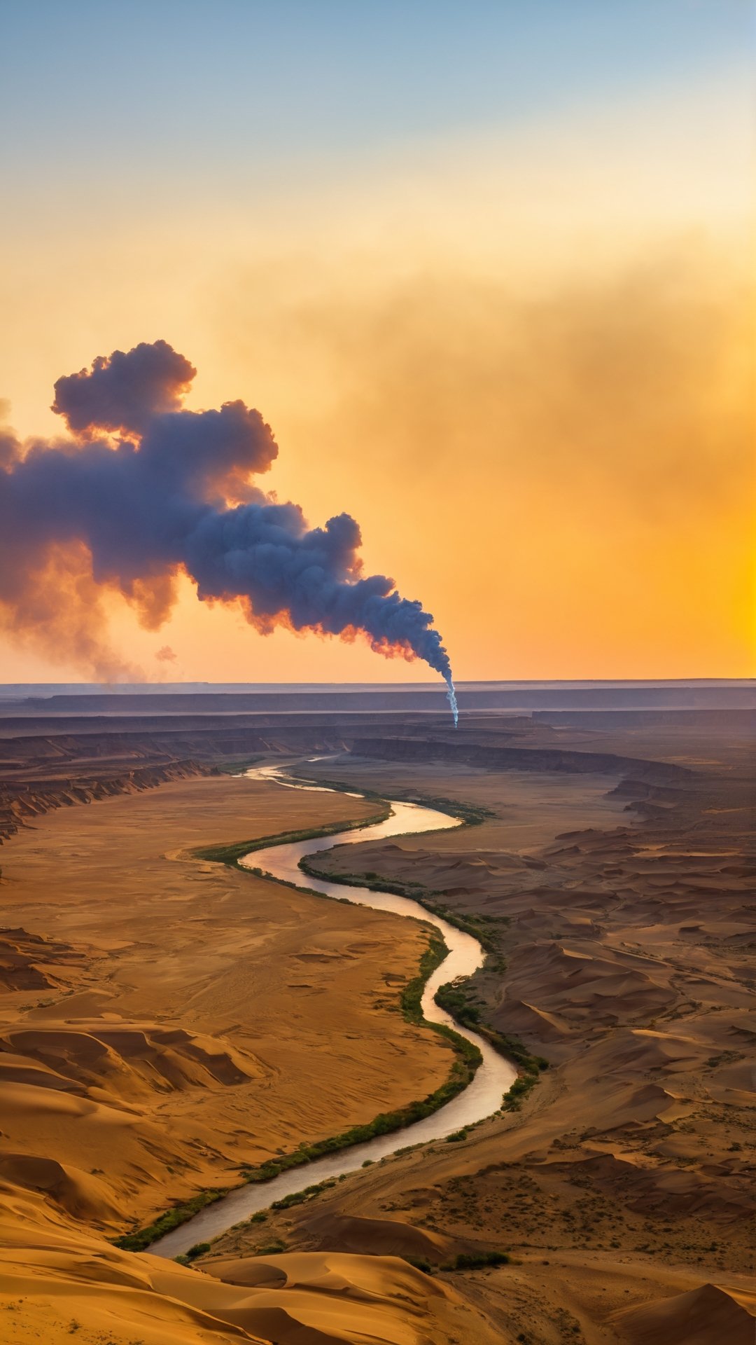 On the great desert, a lone column of smoke straight up; Over the long river the setting sun is round