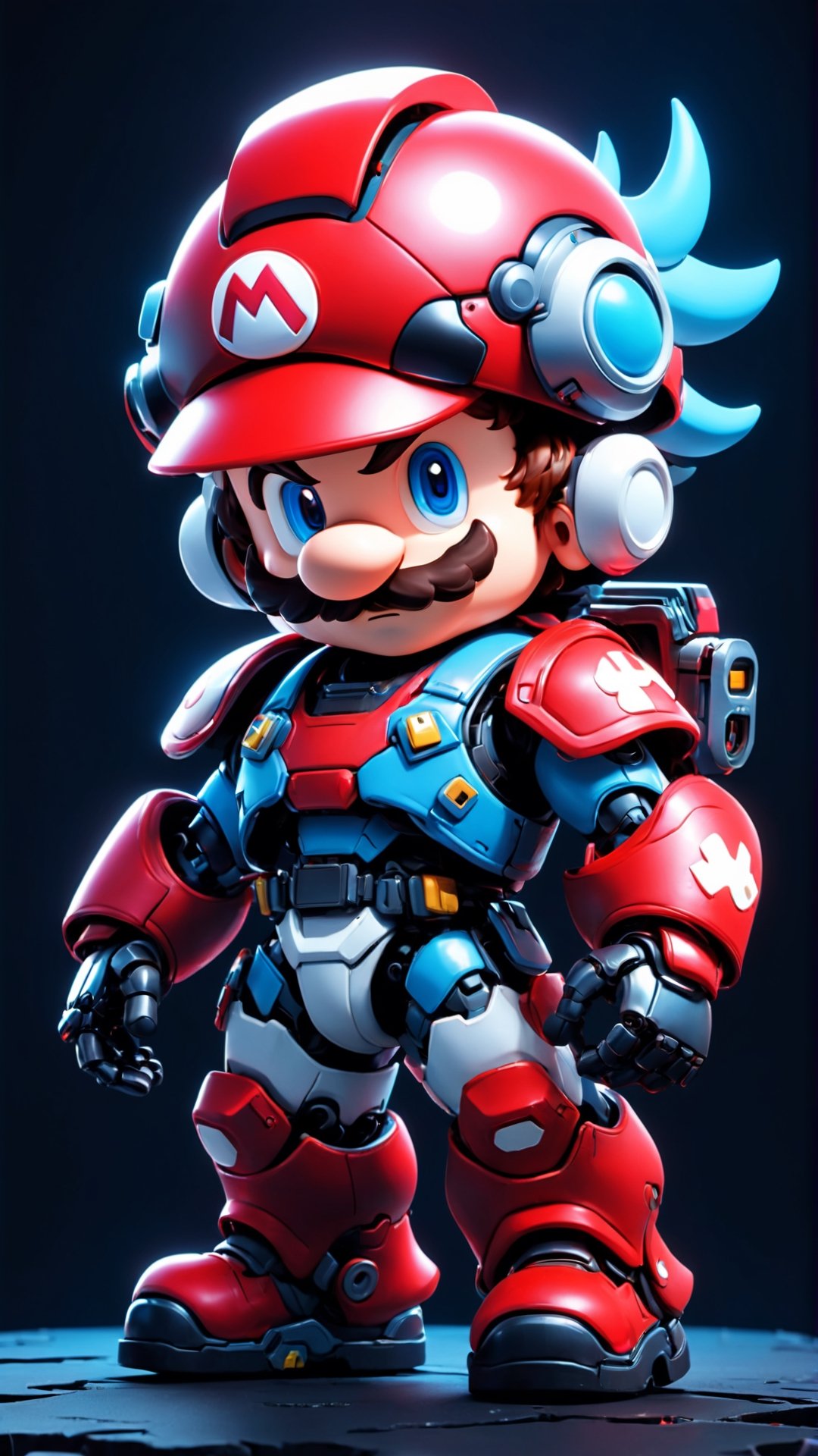 (masterpiece, best quality:1.5), EpicLogo, bule armor, robot, bule armor, white face, red helmet,Mustache, look on viewer, Mario style, central view, cute, hues, Movie Still, cyberpunk, full body, cinematic scene, intricate mech details , ground level shot, 8K resolution, Cinema 4D, Behance HD, polished metal, shiny, data, white background