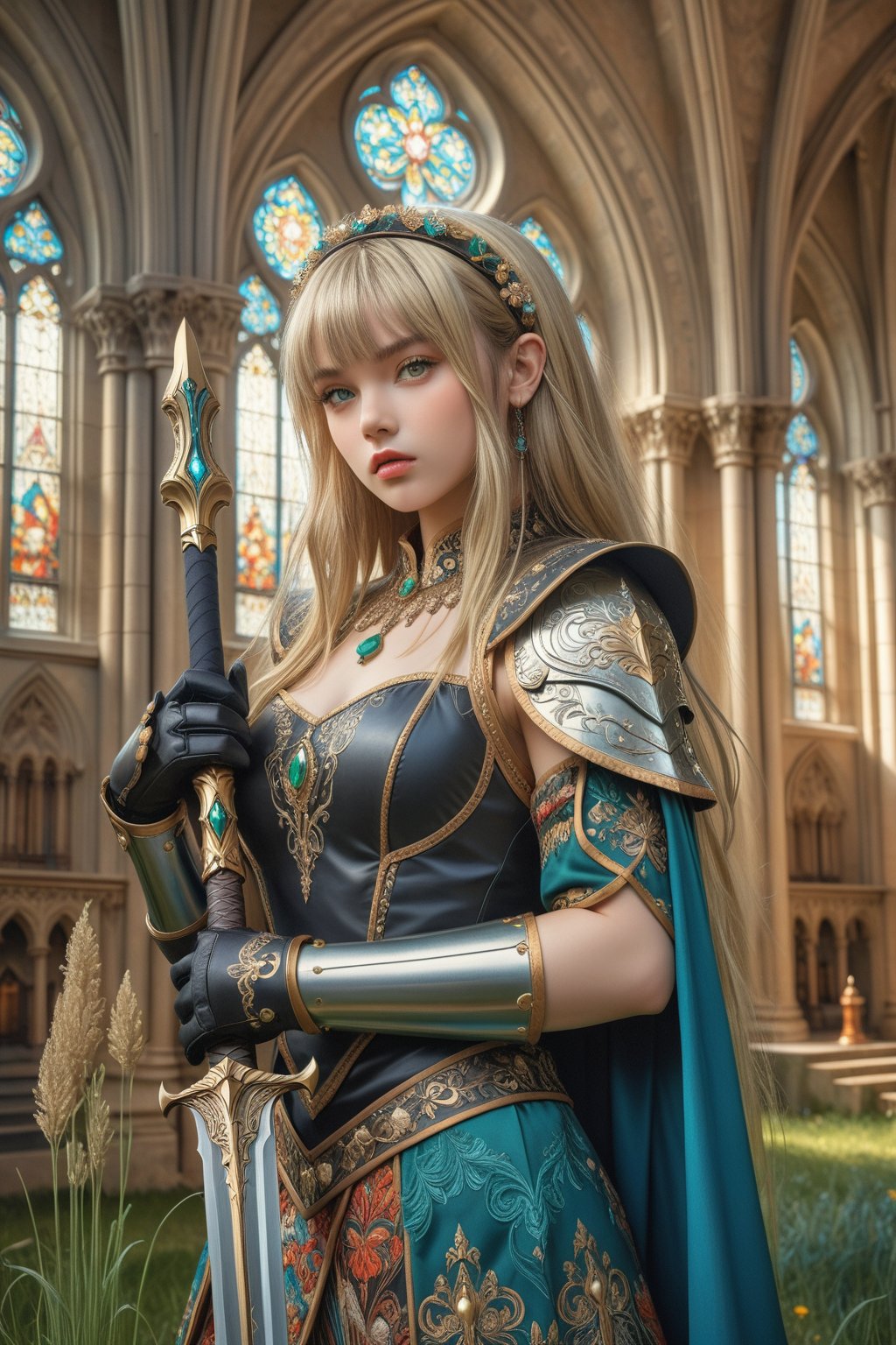 masterpiece, official art, ((ultra detailed)), (ultra quality), high quality, perfect face, 1 girl with long hair, blond-green hair with bangs, bronze eyes, detailed face, wearing a fancy ornate (((folk dress))), shoulder armor, armor, glove, hairband, hair accessories, striped, (holding the great weapon:1.37), jewelery, thighhighs, pauldrons, side slit, capelet, vertical stripes, looking at viewer, fantastical and ethereal scenery, daytime, church, grass, flowers. Intricate details, extremely detailed, incredible details, full colored, complex details, hyper maximalist, detailed decoration, detailed lines, best quality, HDR, dynamic lighting, perfect anatomy, realistic, more detail,
,Architectural100,style