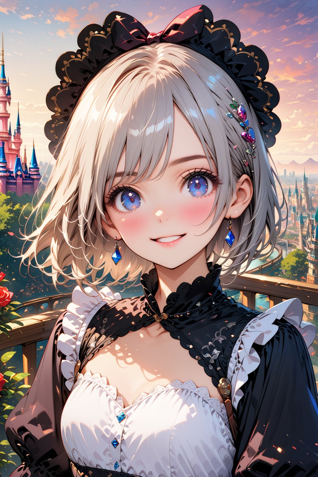 (best quality),(masterpiece:1.1),(extremely detailed CG unity wallpaper:1.1), (colorful:0.9),(panorama shot:1.4),upper body,looking at viewer,from above,2 girls ,15yo, (Disney princess costume:1.6), (Disney land Tokyo background :1.4), fun, smile, flowers (innocent grey), 16K, UHD, HDR, rose, twilight, perfect shadow, perfect fingers, perfect face, (dynamic funny pose :1.4),portrait,style,2b-Eimi,extremely detailed