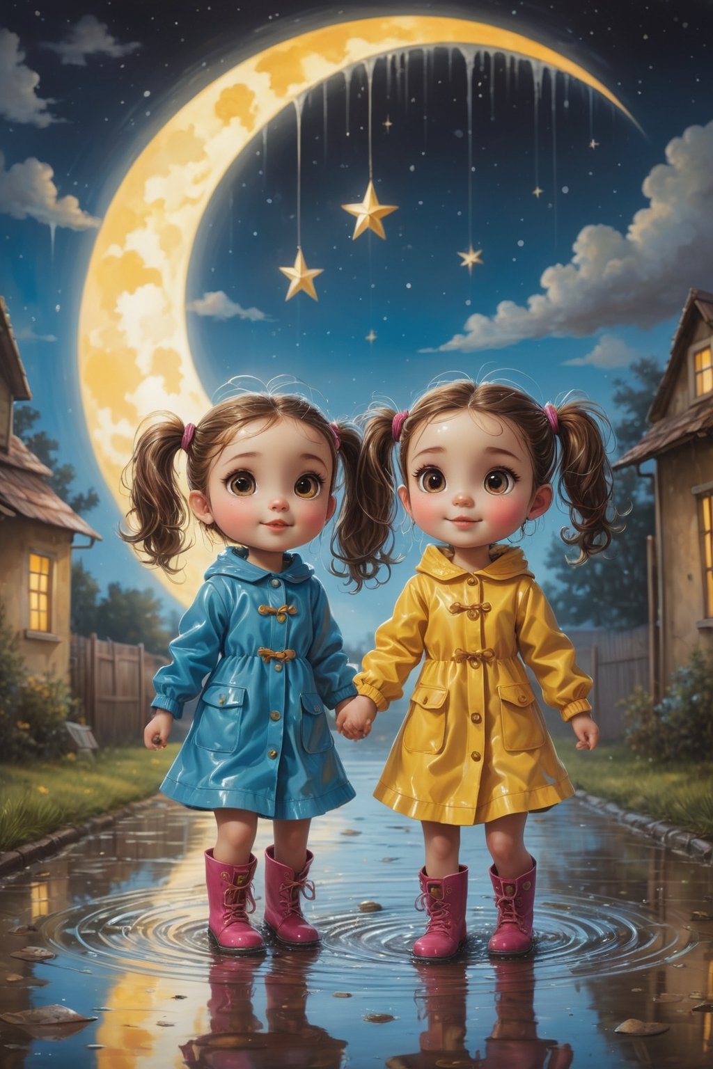 ultra detailed, (masterpiece, top quality, best quality, official art, beautiful and aesthetic:1.2),  Two girls playing in puddles wearing rain boots. In the center of the puddles,  there is a clear reflection of the transparent water surface with bright light reflecting upon it. The girls are dressed in yellow raincoats and wearing boots,  allowing them to play in the puddles without getting wet. One of them is an energetic girl with her hair tied up in pigtails,  while the other has cute short twin tails. Holding hands,  they jump and frolic,  creating splashes of water. The weather is fine after the rain,  and a vibrant rainbow stretches across the background,  creating a joyful atmosphere,  Dark night,  wind blowing,  stary night,  night sky,  absurderes,  high resolution,  Ultra detailed backgrounds,  highly detailed hair,  Calm tones,  (Geometry:1.42),  (Symmetrical background:1.4),  Photograph the whole body,  from below,  Backlighting of natural light,  falling petals,  the source of light is the moon light,  colorful wear,  (adorable difference face:1.4), (sharp focus:1.3), in the style of esao andrews,esao andrews style,esao andrews art