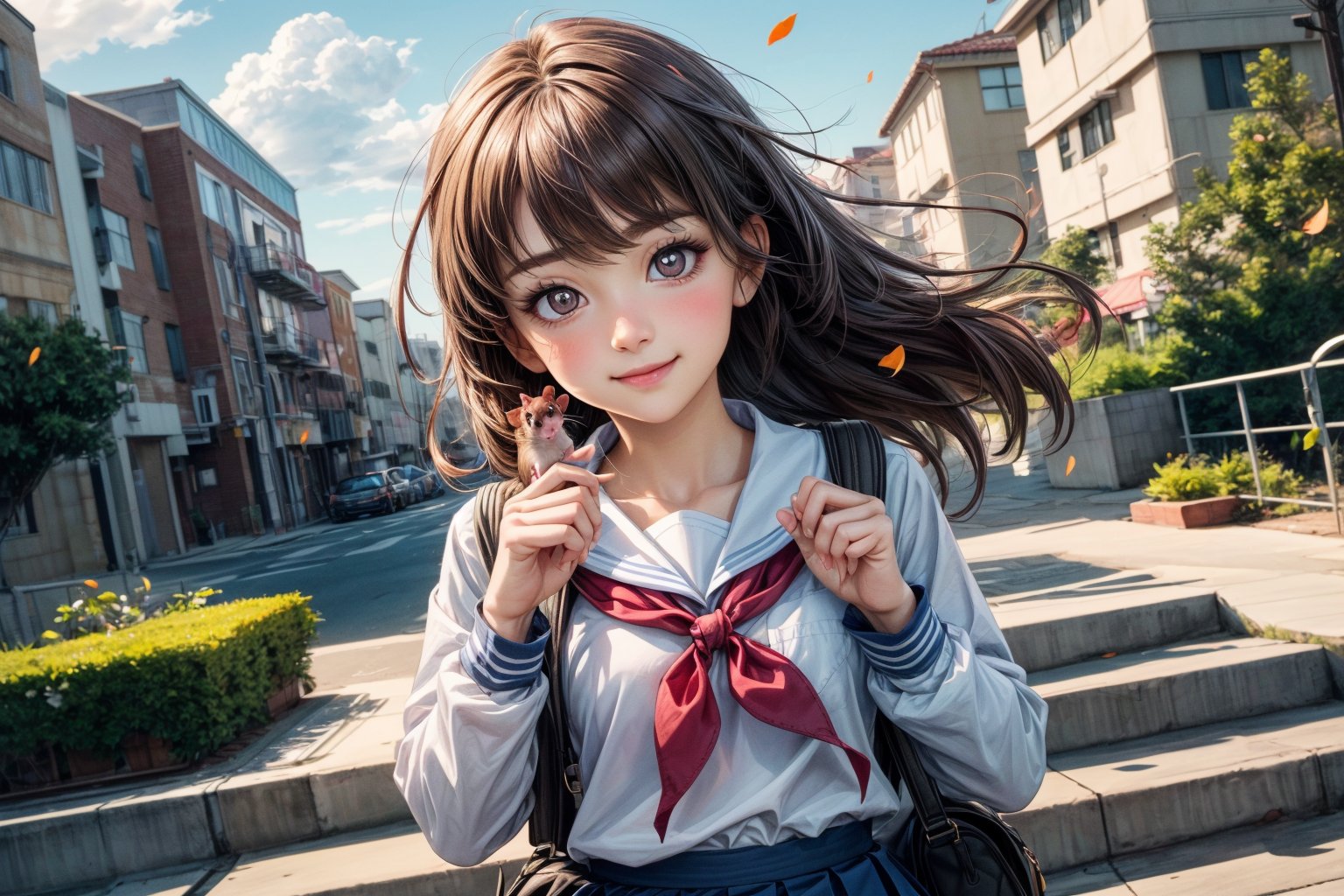 (perfect face), top quality, (official art :1.2), UHD, HDR, 16K, 8K, vivid color, (high quality:1.3), (masterpiece, best quality:1.4), (ultra detailed, ultra highres), sharp focus, extremely detailed CG, cute hair style (illustration:1.2), (photorealisitc :1.37), high contrast, colorful, (school uniform, serafuku) ,stairs, brown hair, outdoors, skirt, socks, bag, long hair, shoes, brown eyes, pleated skirt, black socks, cloud, school bag, loafers, looking at viewer, wind, neckerchief, long sleeves, kneehighs, sailor collar, sky, bangs, white shirt, shirt, hair ribbon, black skirt, railing, brown footwear, hair tucking, petals, leaf, ribbon ,slender hands, (extremely beautiful, super cute:1.3), (detailed face, rosy skin, perfect eyes, detailed pupil), (Hamster:1.4), mandarin orange, dusk, duck toy, adorable, 1girl, solo, (smile), (dynamic action pose :1.2), (looking at camera:1.3), nice hands, perfect five fingers, intricate details, extremely detailed background ,Charm of beauty ,
