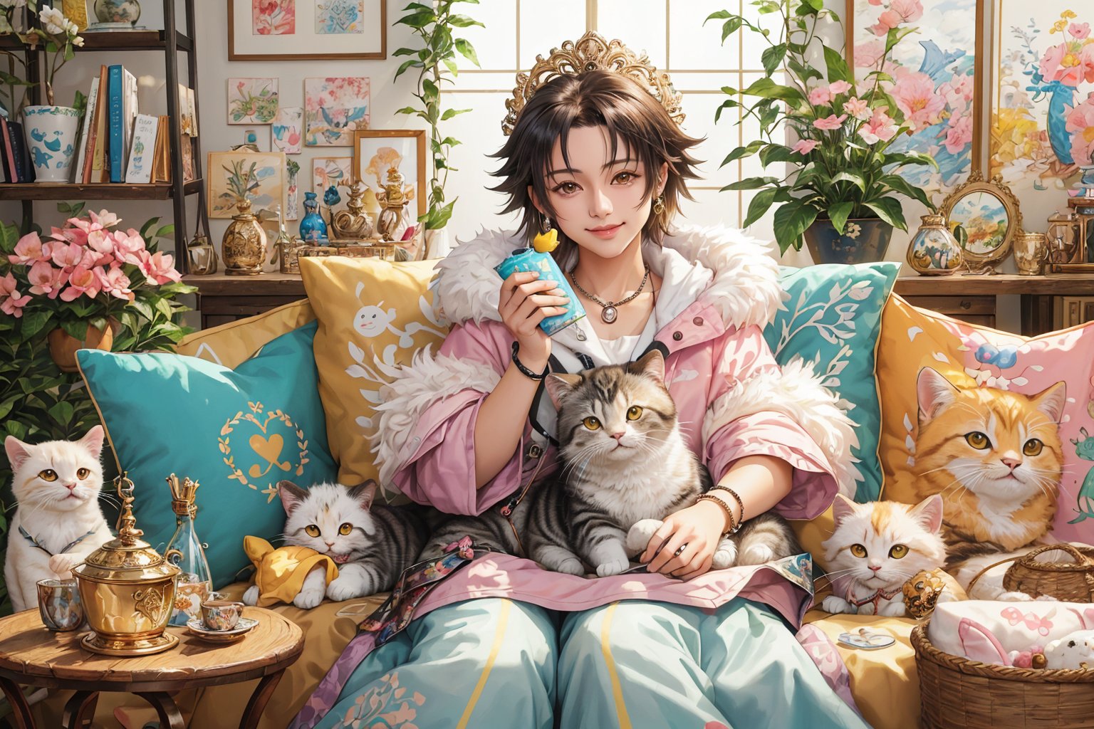 (best quality,ultra-detailed,cute animals,vivid colors,soft lighting,digital illustration,fluffy fur,playful expressions,adorable poses,dreamy atmosphere,colorful surroundings), (art by Makoto :1.5), digital art, child, cute cat, 16K, cool wallpaper, things, jasmine, pillows, clutter, toy, basket, wood, pot, can copper, garden yard, circle face, smile, sharp focus, HDR, Add more details