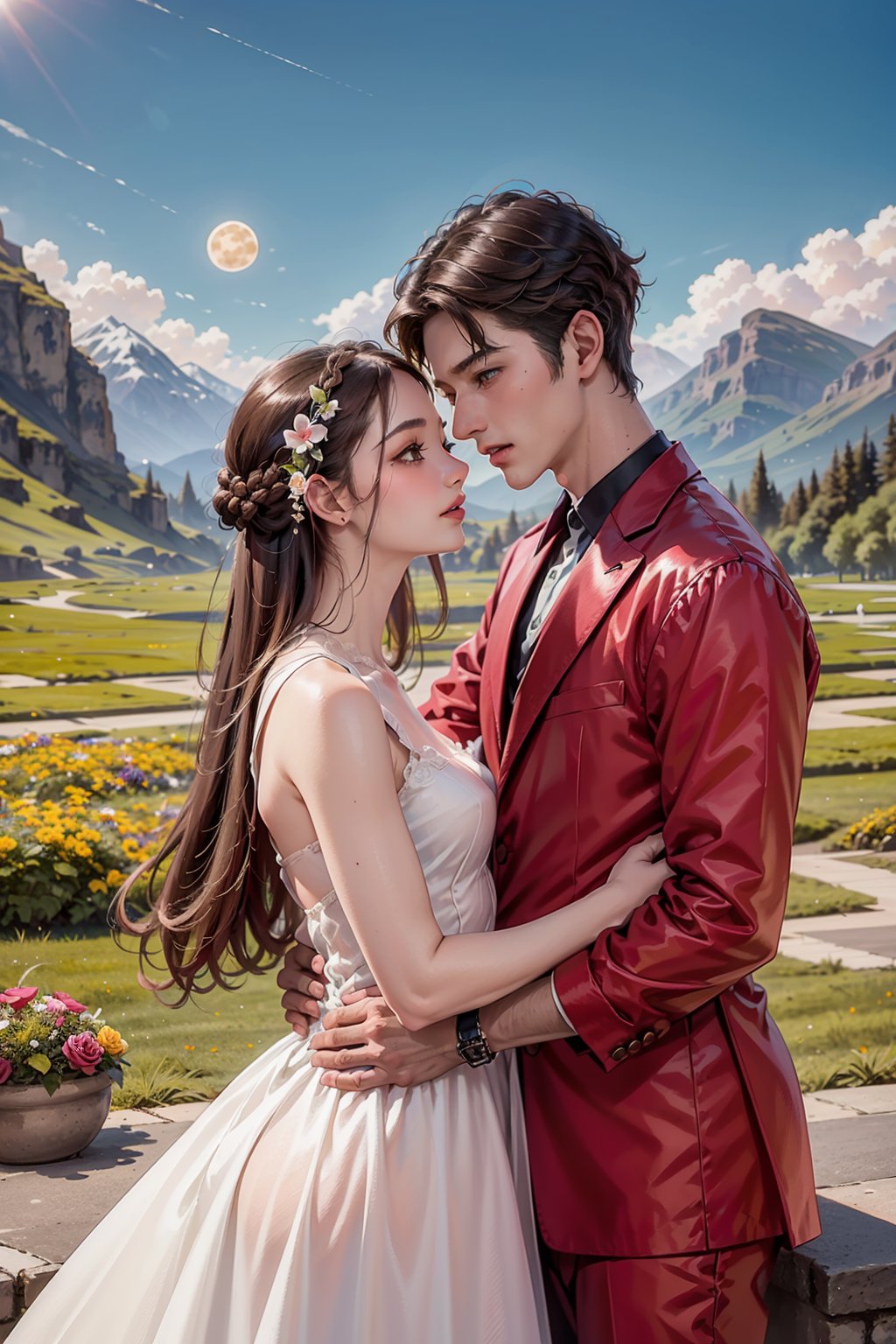 ultra detailed, (masterpiece, top quality, best quality, official art, perfect face:1.2), UHD, cinematic, (muted colors, dim colors), perfect face, perfect eyes, long-lenses photograph, realistic, 8K, 16K, with mountains and valleys, sun and the moon skimpy silhouettes romantically kissing in the sky that is both day wand night , heart, romance, ((flowers, light rose , Plumeria)), stunning light, wind is blowing, couple, (1girl shiny long hair, long dress:1.4), (1boy short hair style, smart costume :1.4), photorealistic, masterpiece, couple, romance, (detailed delicate intricate and ornated long emerald pink renaissance costume), (classic romance novels),Line art,FANTASY 