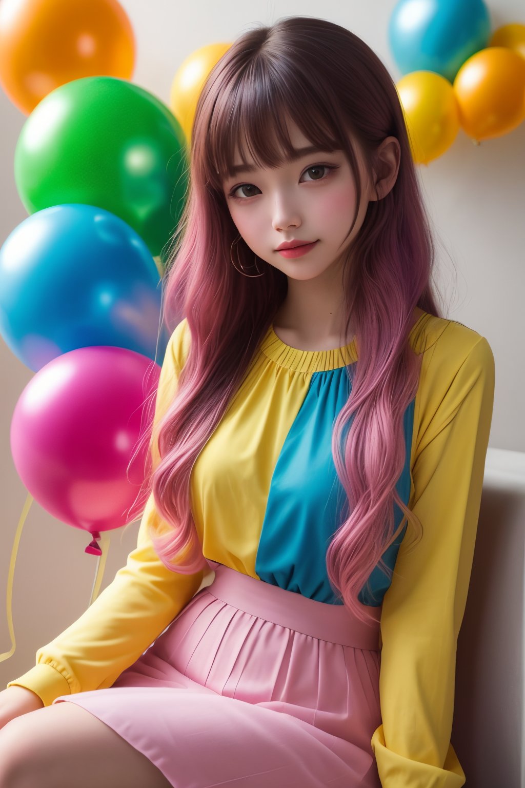 masterpiece, best quality, incredibly absurdres, 1girl, multiple colorful balloon, sitting, happy, closed mouth, casual outfit, very long hair, multi colored hair, confetti, upper body, bangs
