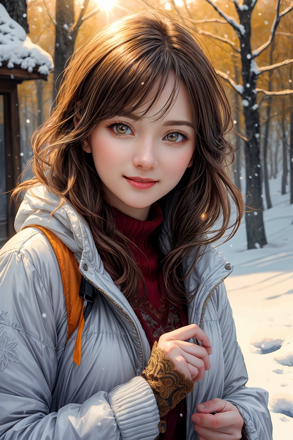 perfect face, (best quality, masterpieces:1.3), (beautiful and aesthetic:1.2), colorful, dynamic angle, (Realistic:1.4), illustration, (high quality:1.3), (ultra detailed, ultra highres), 32K, (Beautifully Detailed Face and Fingers), (Five Fingers) Each Hand, sharp focus, professional dslr photo, photoreal, 1girl , kawaii, (masterpiece, best quality official art :1.2), (best quality:1.05), 1girl, winter clothes, detailed clothes, high quality winter clothes, intricate detail, mittens, smiling, cold, forest village, snow, snowing, sun rays, shining, dawn, setting sun, orange eyes, white winter jacket, dynamic lighting, intricate detail, nice hand, nice fingers, volumetric fx, ray tracing, (((intricate detailed))), extremely detailed CG, (hyper realism, soft light, dramatic light, sharp, HDR), perfect image, vivid color, (official art, extreme detailed, highest detailed),