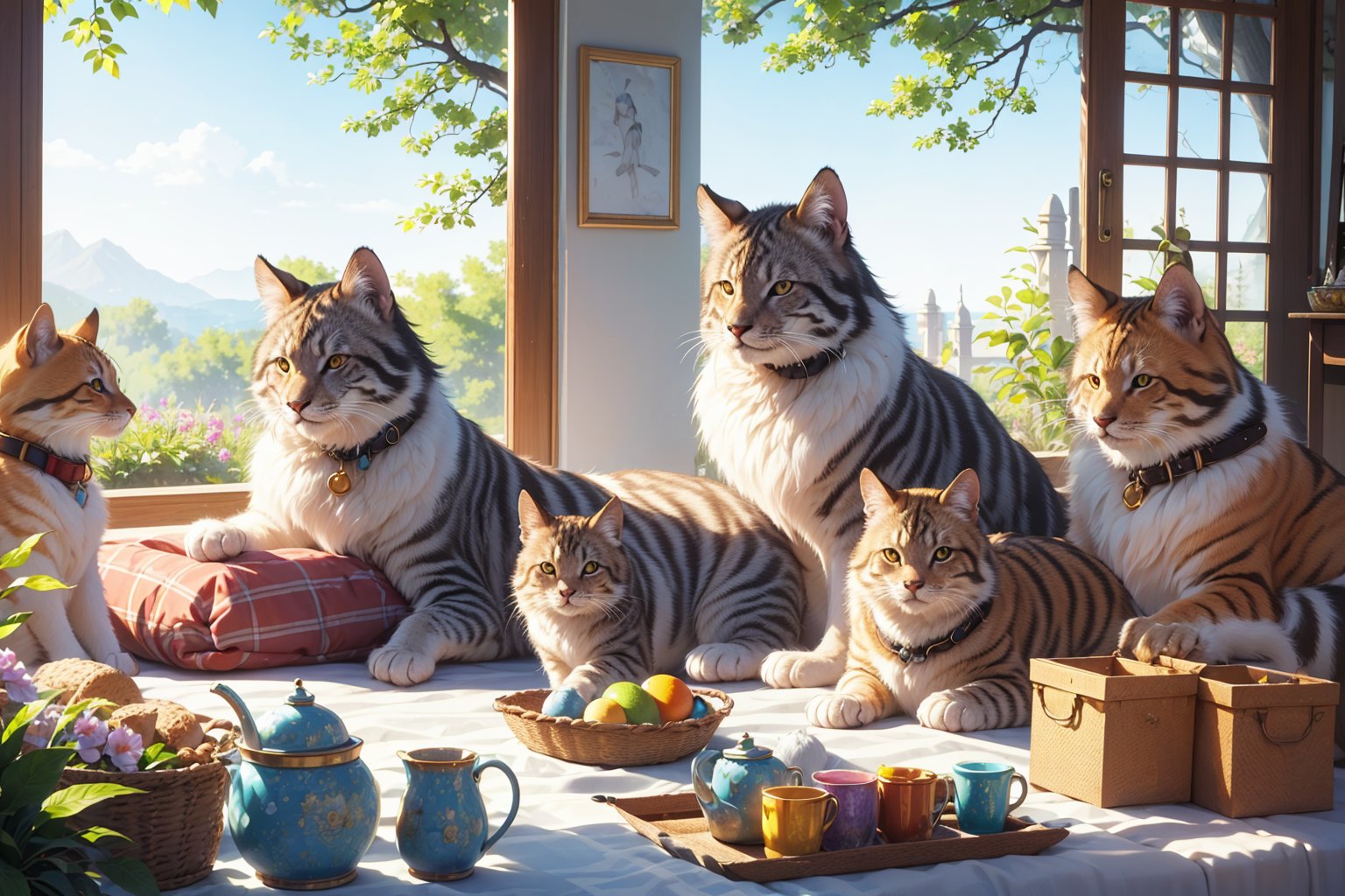 (best quality,ultra-detailed,cute animals,vivid colors,soft lighting,digital illustration,fluffy fur,playful expressions,adorable poses,dreamy atmosphere,colorful surroundings), (art by Makoto :1.5), digital art, child, cute cat, 16K, cool wallpaper, things, jasmine, pillows, clutter, toy, basket, wood, pot, can copper, garden yard, circle face, smile, sharp focus, HDR, Add more details, long hair, cute style,