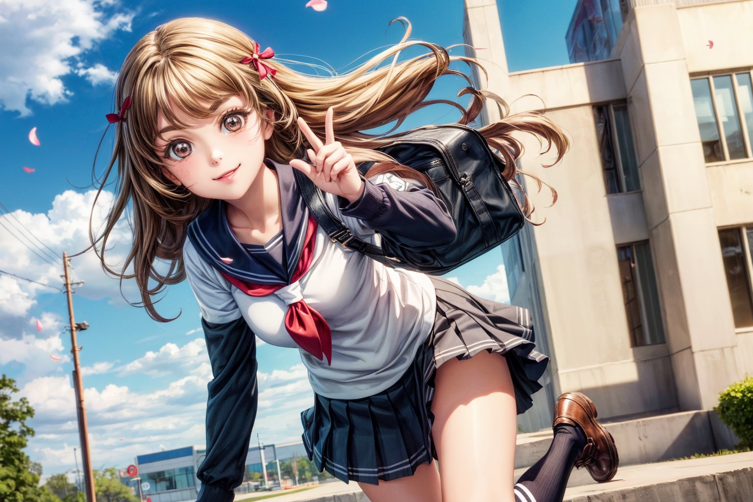 (perfect face), top quality, (official art :1.2), UHD, HDR, 16K, 8K, vivid color, (high quality:1.3), (masterpiece, best quality:1.4), (ultra detailed, ultra highres), sharp focus, extremely detailed CG, cute hair style (illustration:1.2), (photorealisitc :1.37), high contrast, colorful, (school uniform, serafuku) ,stairs, brown hair, outdoors, skirt, socks, bag, long hair, shoes, brown eyes, pleated skirt, black socks, cloud, school bag, loafers, looking at viewer, wind, neckerchief, long sleeves, kneehighs, sailor collar, sky, bangs, white shirt, shirt, hair ribbon, black skirt, railing, brown footwear, hair tucking, petals, leaf, ribbon ,slender hands, (extremely beautiful, super cute:1.3), (detailed face, rosy skin, perfect eyes, detailed pupil), (cute pet:1.4), mandarin orange, dusk, duck toy, adorable, 1girl, solo, (smile), (dynamic action pose :1.2), (looking at camera:1.3), intricate details, (high school background :1.6) ,Charm of beauty,