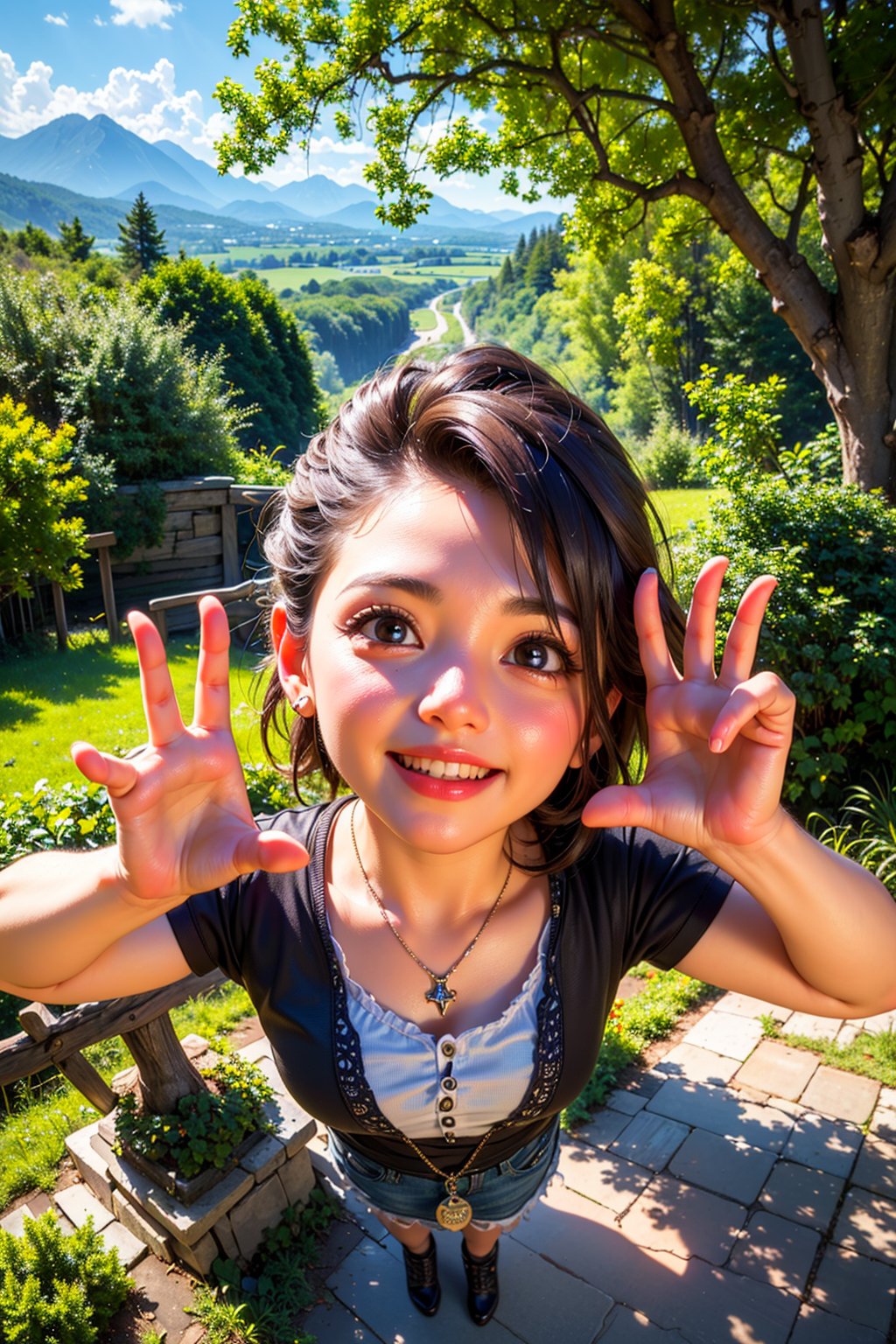 (best quality),(masterpiece:1.1),(extremely detailed CG unity wallpaper:1.1), (colorful cloth :1.3),(panorama shot:1.4),looking at viewer,from above, high res, detailed face, detailed eyes, 1 girl, solo, short hair, full body, mountain forest , outdoors, (perfect fingers :1.4), perfect face, five fingers for each hand, (dynamic happy pose :1.4), fantasy,Exquisite face,High quality,brown eyes