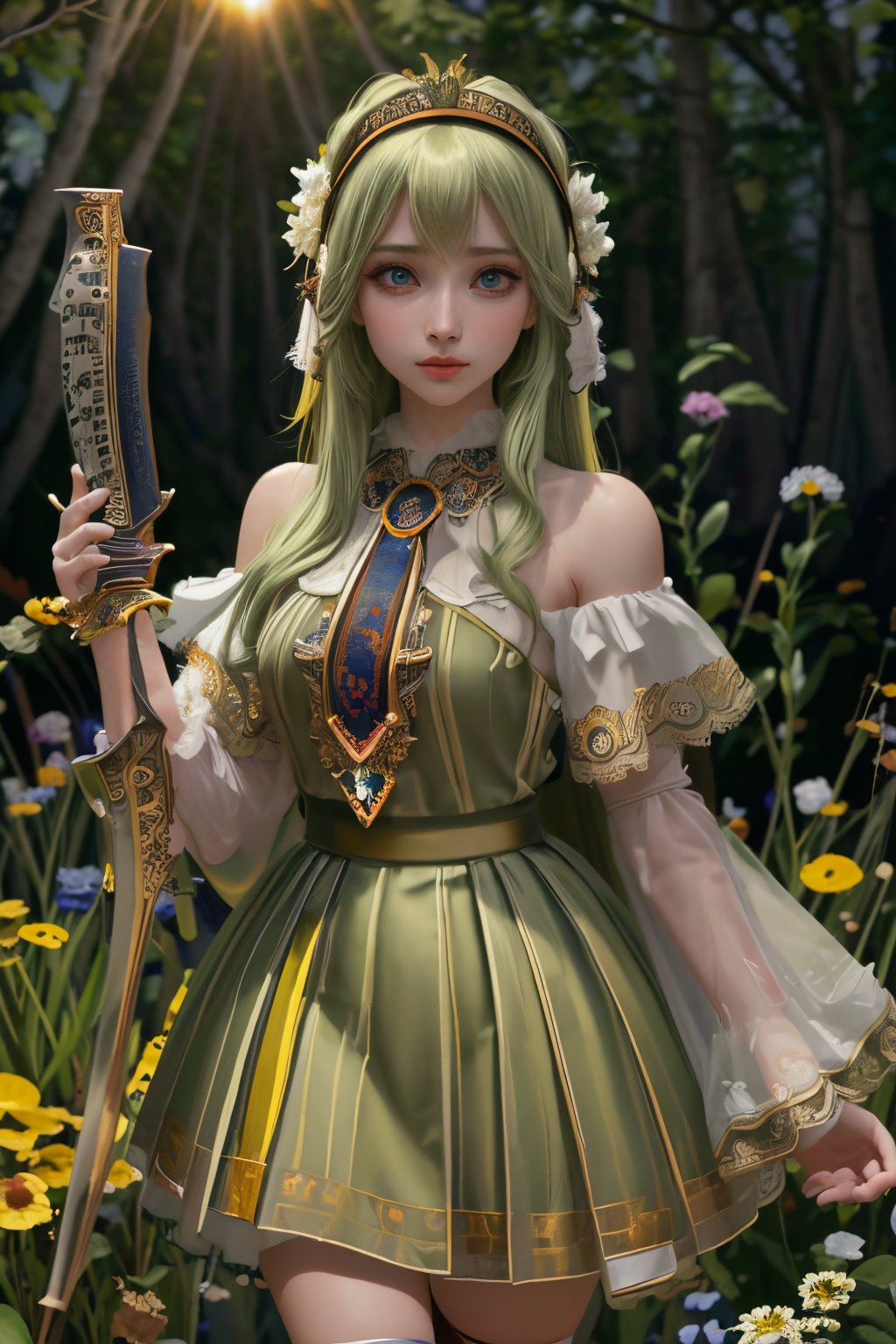 (masterpiece), (absurdres:1.3), (ultra detailed), HDR, UHD, 16K, ray tracing, vibrant eyes, perfect face, award winning photo, 1 girl with long hair, blond-green hair with bangs, bronze eyes, detailed face, wearing a fancy ornate (((folk dress))), shoulder armor, armor, glove, hairband, hair accessories, striped, (holding the great weapon:1.7), jewelery, thighhighs, pauldrons, side slit, capelet, vertical stripes, looking at viewer, fantastical and ethereal scenery, daytime, church, grass, flowers. Intricate details, extremely detailed, incredible details, full colored, complex details, hyper maximalist, detailed decoration, detailed lines, best quality, dynamic lighting, perfect anatomy, realistic, more detail, ,Architect, shiny skin, (shy blush:1.1), (dynamic action pose:1.3) ,slightly smile, lens flare, photo quality, big dream eyes, ((perfect eyes, perfect fingers)) ,kawaii, (Sharp focus realistic illustration:1.2), holding stuff, ,candystyle,philia