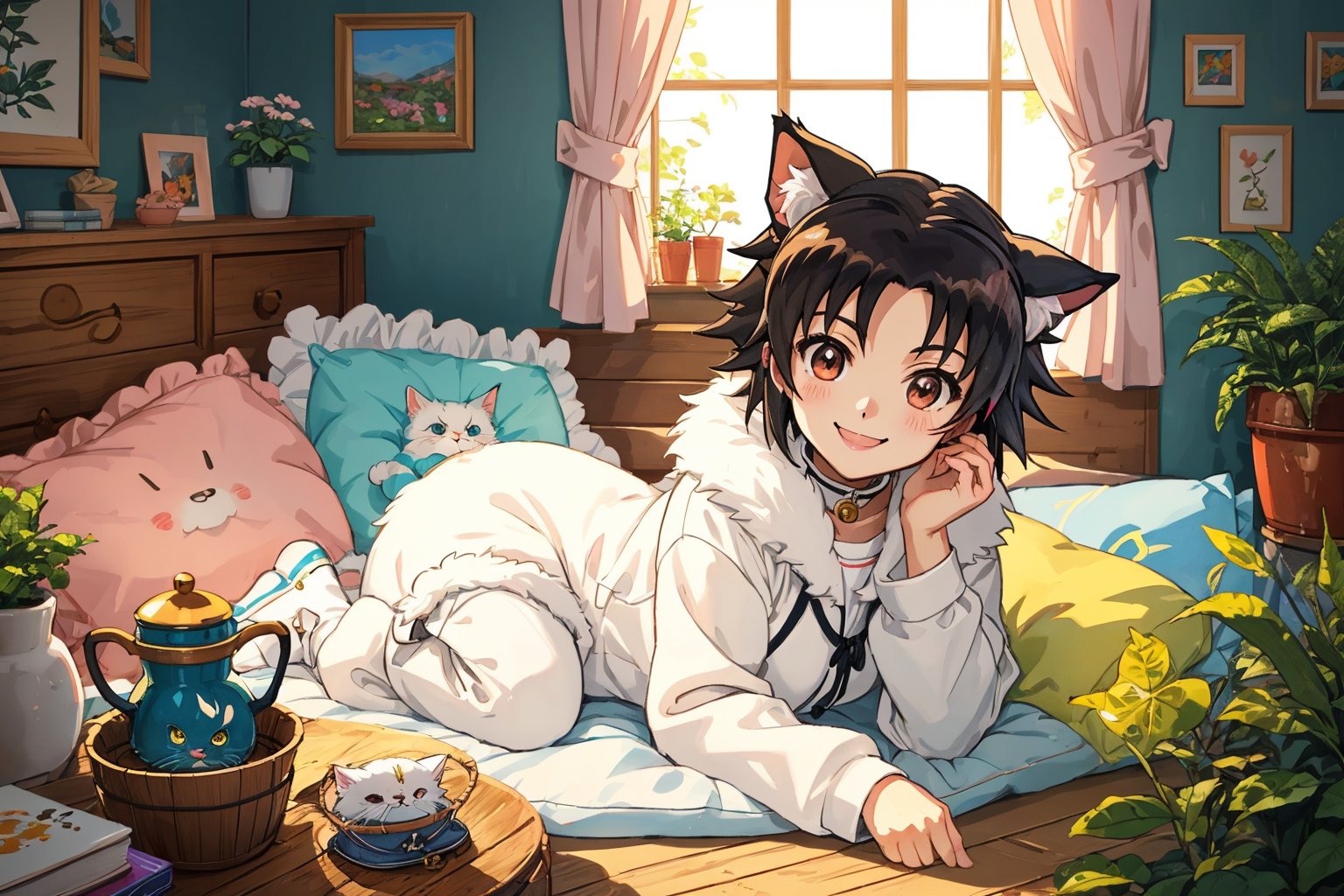 (best quality,ultra-detailed,cute animals,vivid colors,soft lighting,digital illustration,fluffy fur,playful expressions,adorable poses,dreamy atmosphere,colorful surroundings), (art by Makoto :1.5), digital art, child, cute cat, 16K, cool wallpaper, things, jasmine, pillows, clutter, toy, basket, wood, pot, can copper, garden yard, circle face, smile, sharp focus, HDR,Cosplay,onitsuka_natsumi_lovelivesuperstar,Add more details,Anime