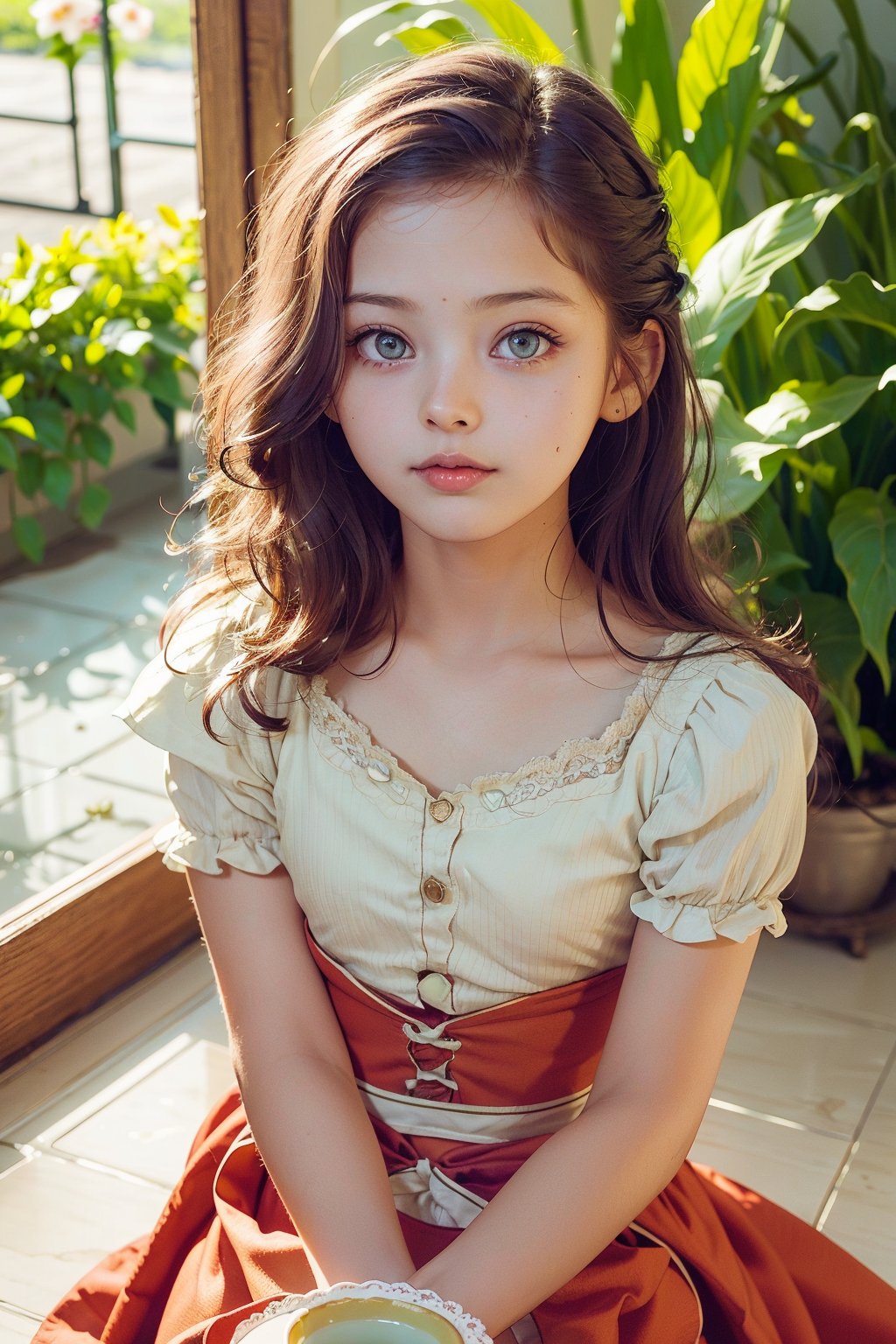 adorable girl dressed in a (Bisque Doll-like girl outfit: 1.1), high resolution, perfect eyes:1.3, perfect face:1.3, long eyelashes, (masterpiece:1.3), best quality, nostalgic, (realistic: 1.4), (illustration: 1.2), random hair color, short hair, ((1 girl)), (14years old, female child, loli:1.4), cute face, maid costume, pretty eyes, (making tea: 1.6), big cleaning, clutter, (Ray tracing: 1.3), (extremely detailed CG), clear delicate faces, Angelonia, Rich red dress with lots of lace and frills, (Waist up body: 1.5), perfect lighting, perfect shading, rim light, perfect anatomy, perfect hands, 
(best quality, masterpiece), gazebo, ((Bright Periwinkle)), (funny pose:1.3), action pose, hands up, flower pattern, flower pot, (green-purple eyes:1.3) red hair and wavy hair, very cute hair