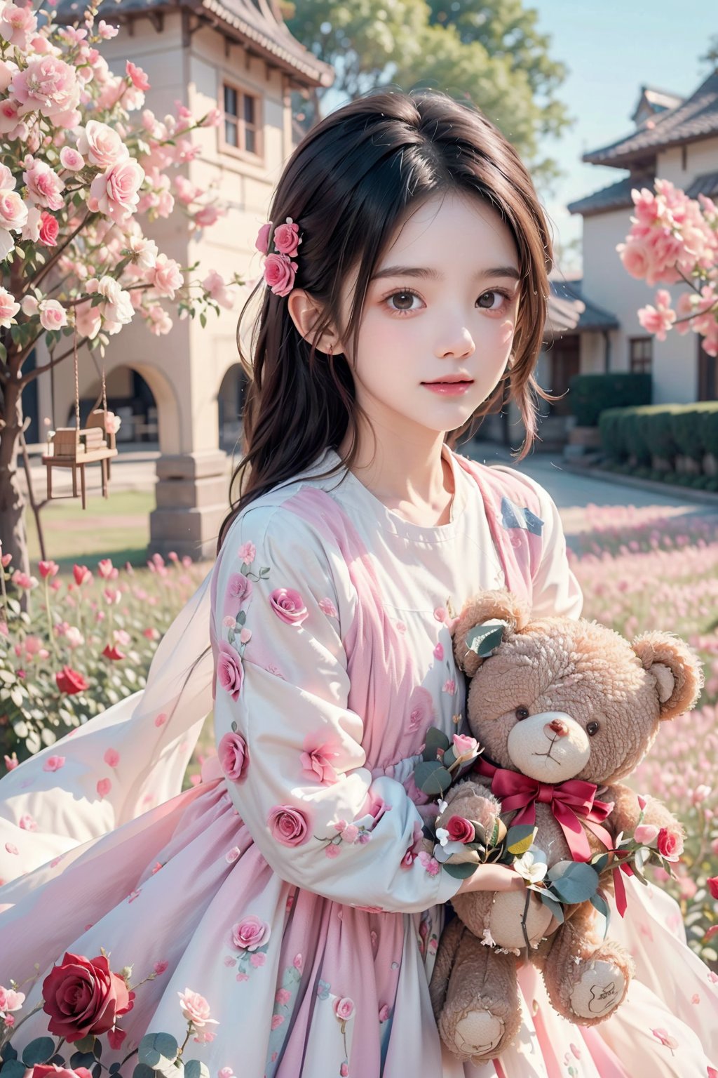 ultra detailed,  (masterpiece,  top quality,  best quality,  official art,  perfect face:1.2),  UHD,(cinematic,  azure and light pink:0.85),  (muted colors,  dim colors),  falling petals,  red roses , happiness, (wearing trendy fashion:1.4), chiffon sheer dress vanilla, (full field roses :1.4), (((hold a teddy bear))), dynamic posing, tree house, park, swing, cute_girl, pastel flowers , lilac, rose, Line art,1girl, Light master