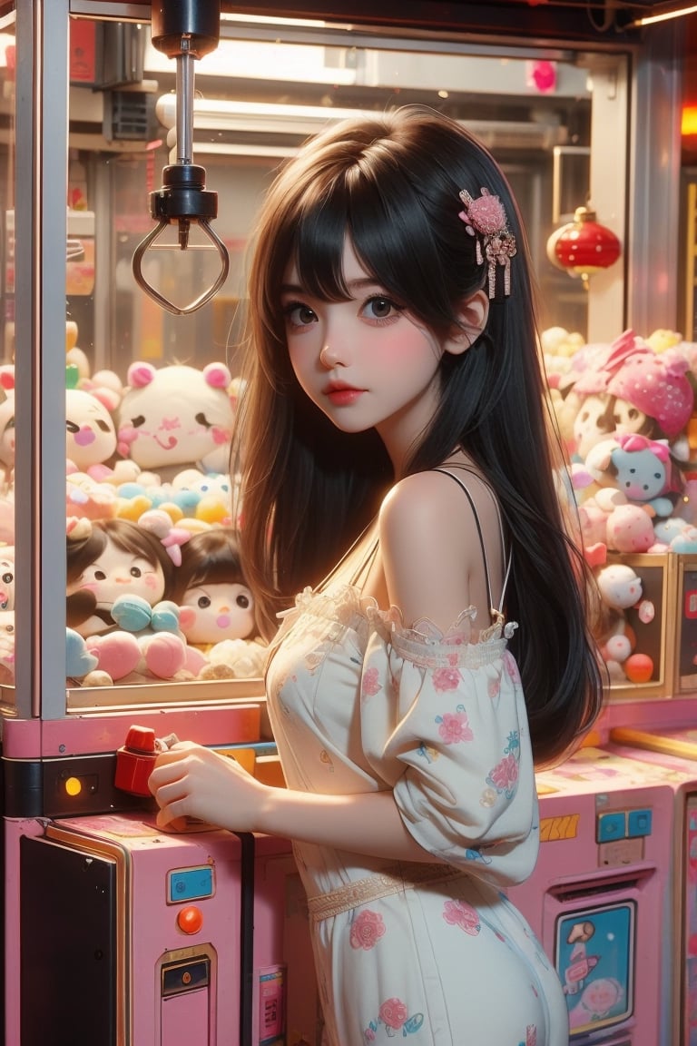 1girl, best quality, ultra-detailed, (((masterpiece))), (((best quality))), extremely detailed, ((claw machine)), ((claw is clamping a doll box up)), hand on bottom panel, control joystick and press button with hand, cleavage, big tits, ribbon, beige lace overalls, black updo longhair, shy, blush, petite figure proportion, claw machine, Glittering, cute and adorable, (perfect lighting, perfect shadow), wide shot, dreamlike scenery, Realism, blending colors,vibrant hues, amazing photo, wearing dress pretty ruffle, cute shoe, hug pillow heart, holding cute doll, Chibi, chibi,UFOCatcher