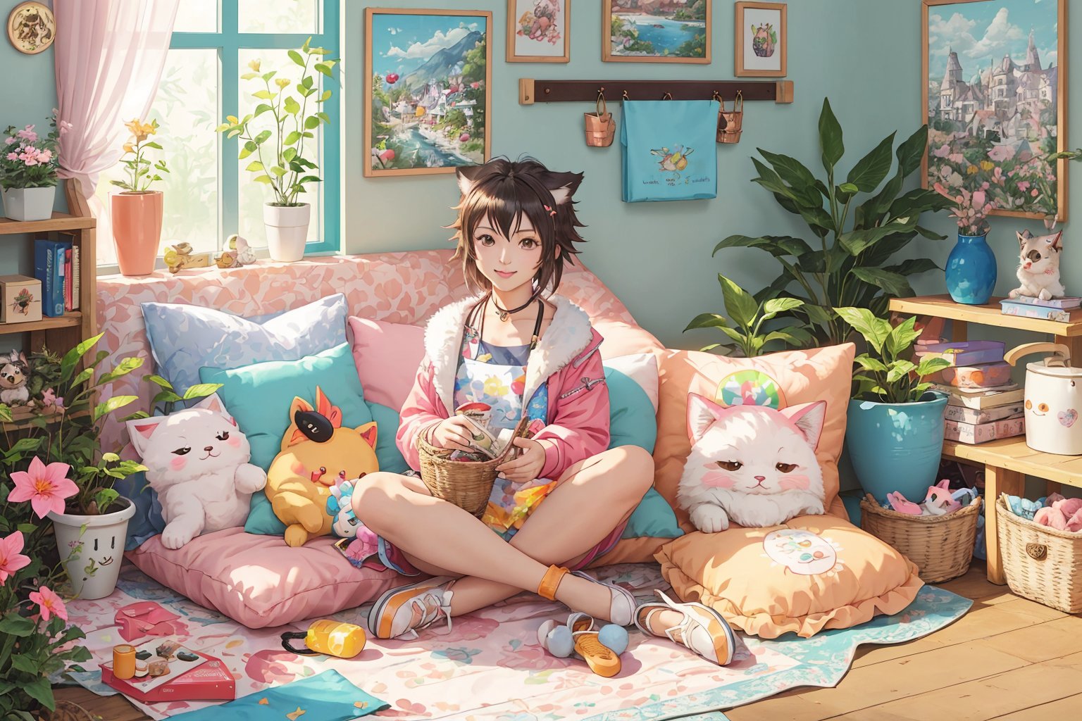 (best quality,ultra-detailed,cute animals,vivid colors,soft lighting,digital illustration,fluffy fur,playful expressions,adorable poses,dreamy atmosphere,colorful surroundings), (art by Makoto :1.5), digital art, child, cute cat, 16K, cool wallpaper, things, jasmine, pillows, clutter, toy, basket, wood, pot, can copper, garden yard, circle face, smile, sharp focus, HDR,Cosplay,onitsuka_natsumi_lovelivesuperstar,Add more details