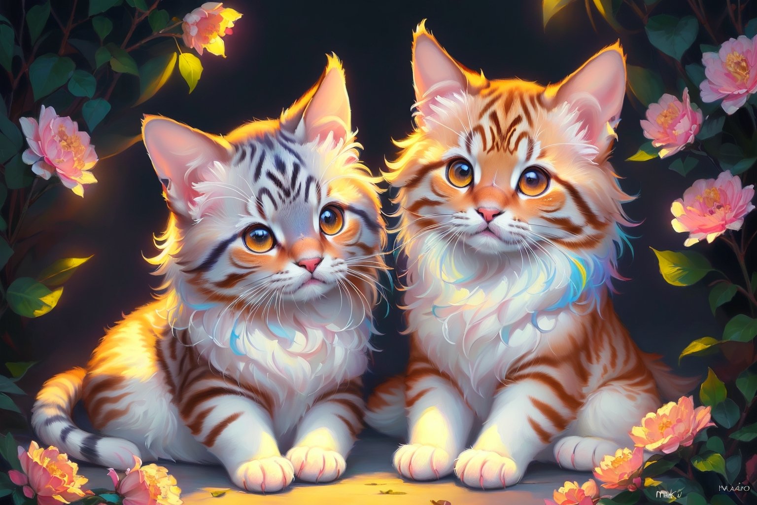 (best quality,ultra-detailed,cute animals,vivid colors,soft lighting,digital illustration,fluffy fur,playful expressions,adorable poses,dreamy atmosphere,colorful surroundings), (art by Makoto :1.5), digital art, child, cute cat, 16K, cool wallpaper, things, flowers
