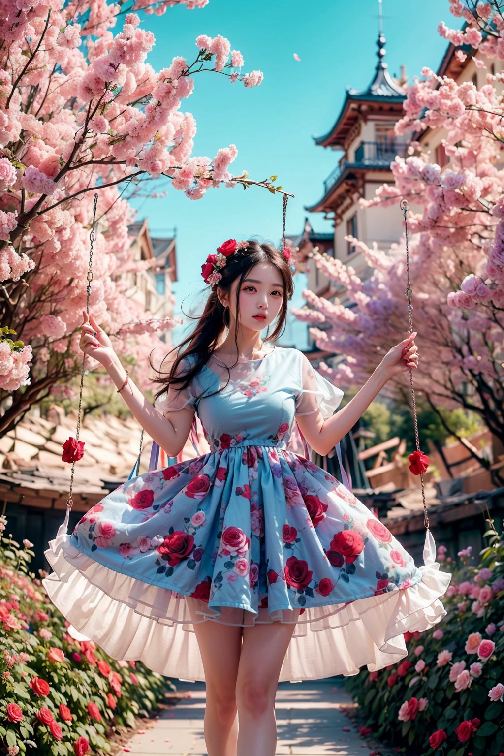 ultra detailed,  (masterpiece,  top quality,  best quality,  official art,  perfect face:1.2),  UHD,(cinematic,  azure and light pink:0.85),  (muted colors,  dim colors),  falling petals,  red roses , happiness, (wearing trendy fashion:1.4), chiffon sheer dress vanilla, (full field roses :1.4), (((hold a teddy bear))), dynamic posing, tree house, park, swing, cute_girl, pastel flowers , lilac, rose, Line art,1girl, Light master