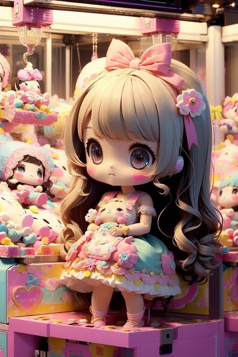 1girl, best quality, ultra-detailed, (((masterpiece))), (((best quality))), extremely detailed, ((claw machine)), ((claw is clamping a doll box up)), hand on bottom panel, control joystick and press button with hand, cleavage, big tits, ribbon, beige lace overalls, black updo longhair, shy, blush, petite figure proportion, claw machine, Glittering, cute and adorable, (perfect lighting, perfect shadow), wide shot, dreamlike scenery, Realism, blending colors,vibrant hues, amazing photo, wearing dress pretty ruffle, cute shoe, hug pillow heart, holding cute doll, Chibi, chibi,UFOCatcher