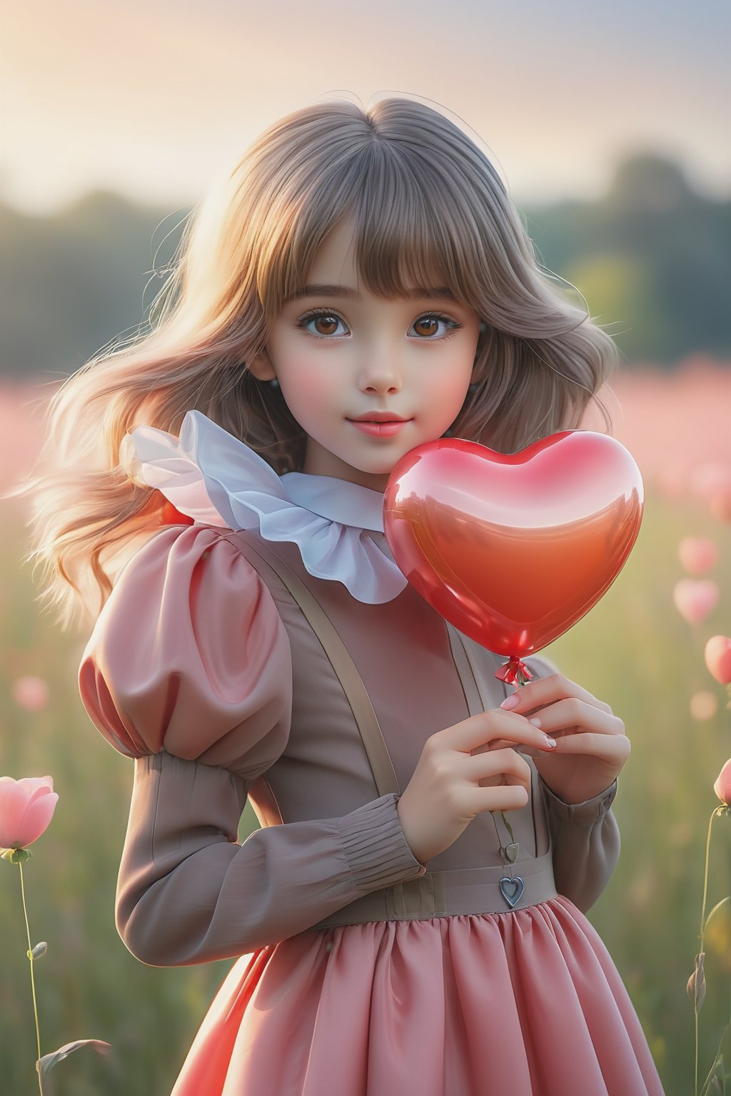 (masterpiece), (absurdres:1.3), (ultra detailed), HDR, UHD, 16K, ray tracing, vibrant eyes, perfect face, award winning photo, A silhouette of a young girl with flowing hair, standing in a field. She holds a red heart-shaped object, possibly a flower, in her hand. The background is framed within a heart shape, with a gradient of colors transitioning from a light beige at the top to a darker hue at the bottom. The overall mood of the image is serene and dreamy, evoking feelings of love and tranquility., painting, conceptual art, illustration shiny skin, (shy blush:1.1), (dynamic action pose:1.3) ,slightly smile, lens flare, photo quality, big dream eyes, ((perfect eyes, perfect fingers)) ,kawaii, (Sharp focus realistic illustration:1.2), adorable, (balloon:1.2)